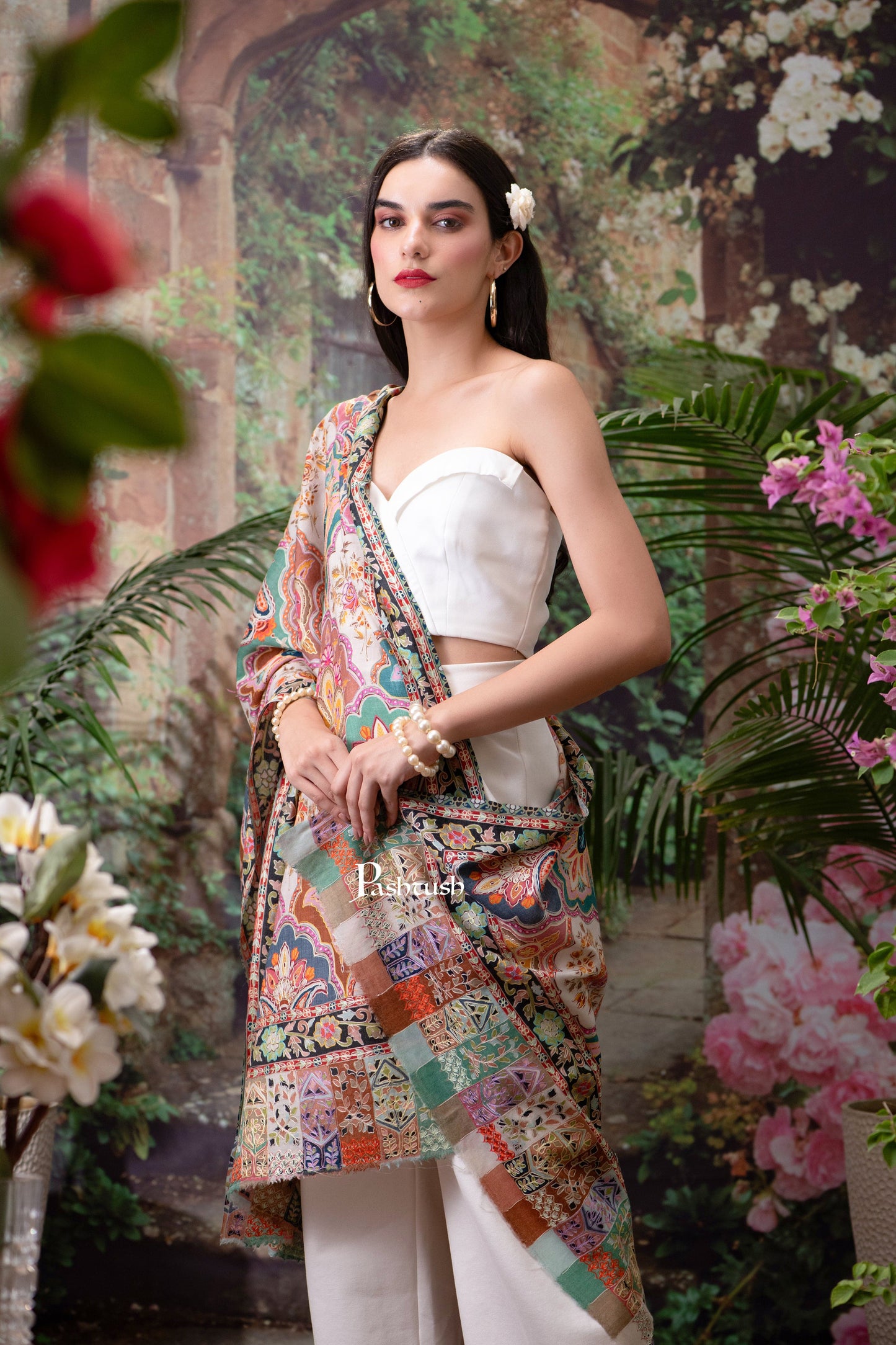 Pashtush India Womens Shawls Pashtush Womens Shawl, Fine Wool, Hand Embroidery, Kalamkari Design, Multicolour, Soft and Warm