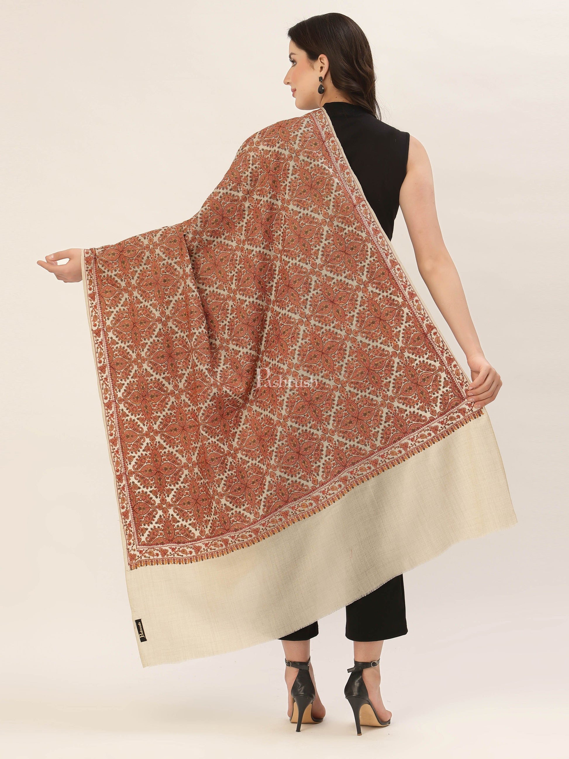 Pashtush India Womens Shawls Pashtush Womens Shawl, Fine Wool, Needlework Jaal, Papier Mache Embroidery, Beige