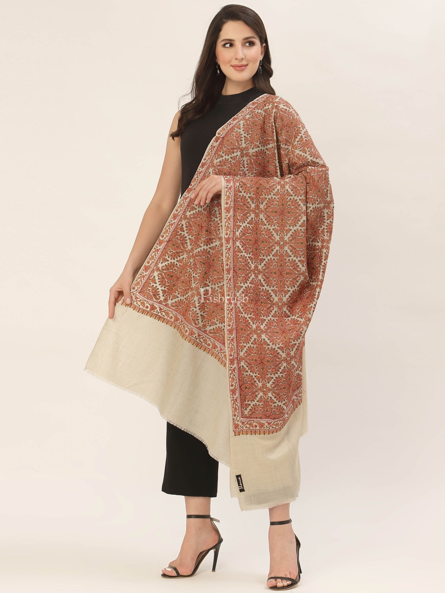 Pashtush India Womens Shawls Pashtush Womens Shawl, Fine Wool, Needlework Jaal, Papier Mache Embroidery, Beige