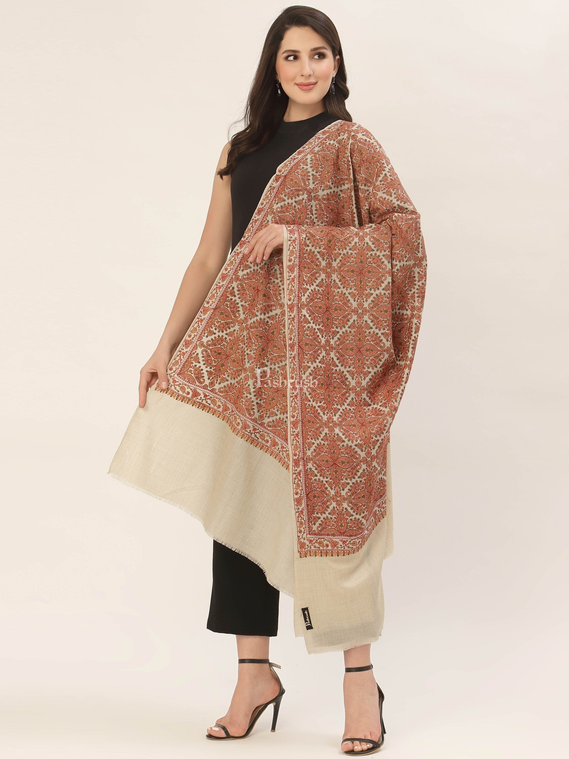 Pashtush India Womens Shawls Pashtush Womens Shawl, Fine Wool, Needlework Jaal, Papier Mache Embroidery, Beige