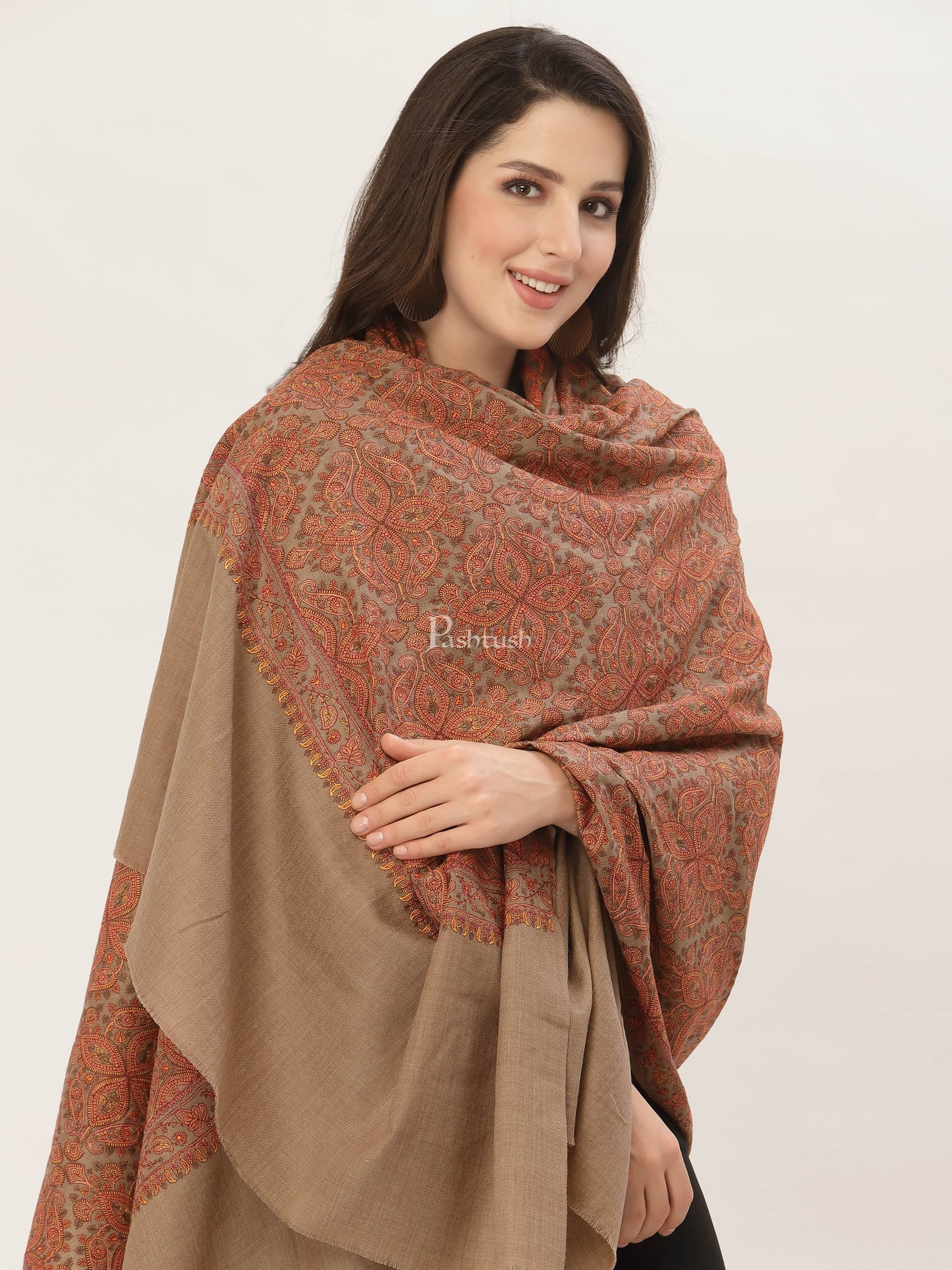 Pashtush India Womens Shawls Pashtush Womens Shawl, Fine Wool, Needlework Jaal, Papier Mache Embroidery, taupe