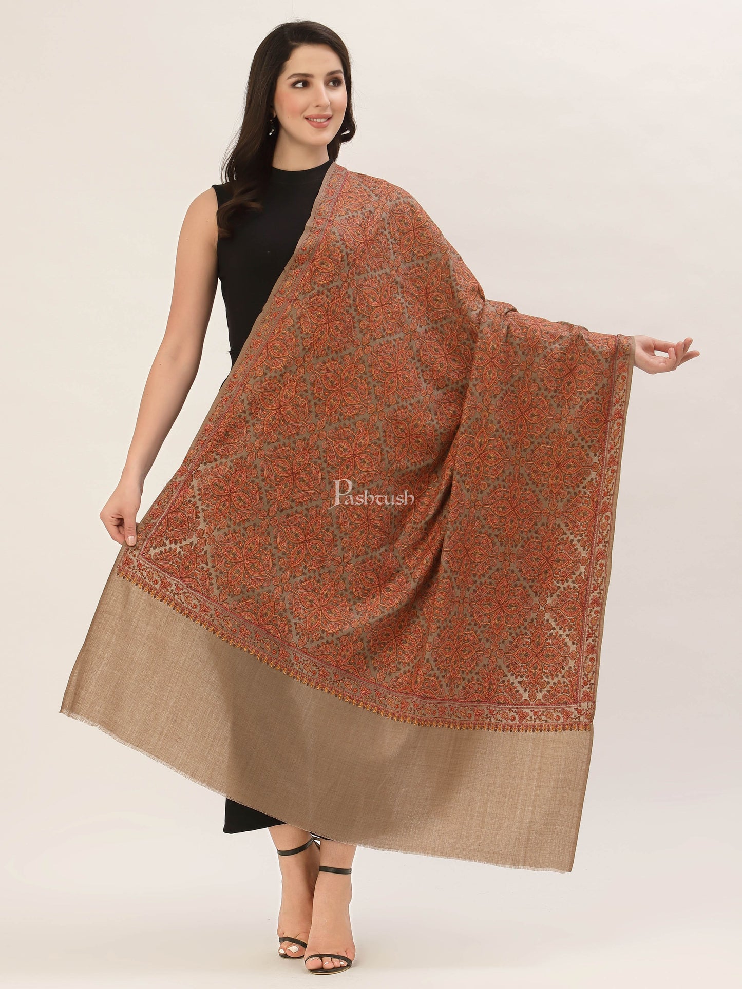 Pashtush India Womens Shawls Pashtush Womens Shawl, Fine Wool, Needlework Jaal, Papier Mache Embroidery, taupe
