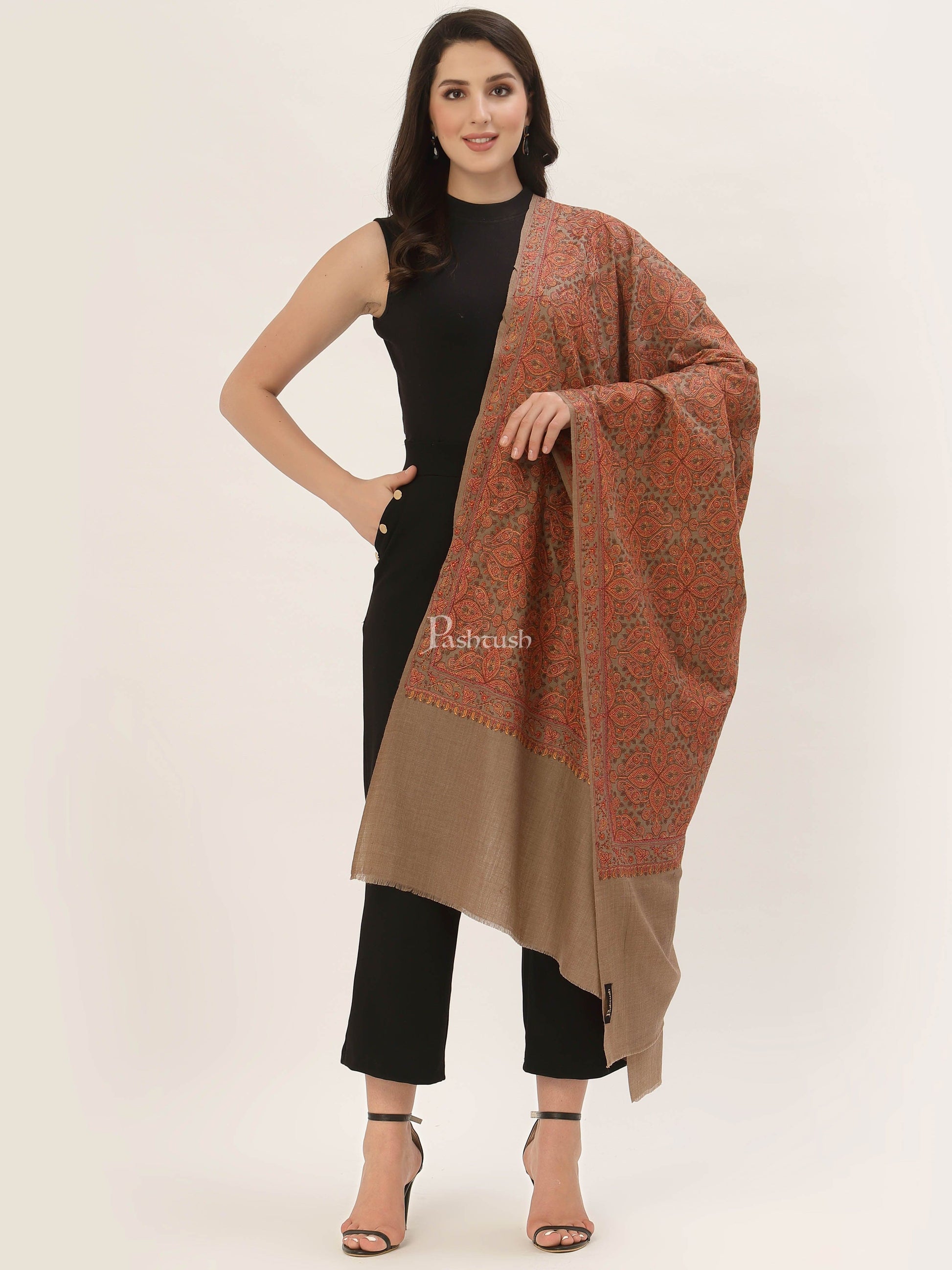 Pashtush India Womens Shawls Pashtush Womens Shawl, Fine Wool, Needlework Jaal, Papier Mache Embroidery, taupe