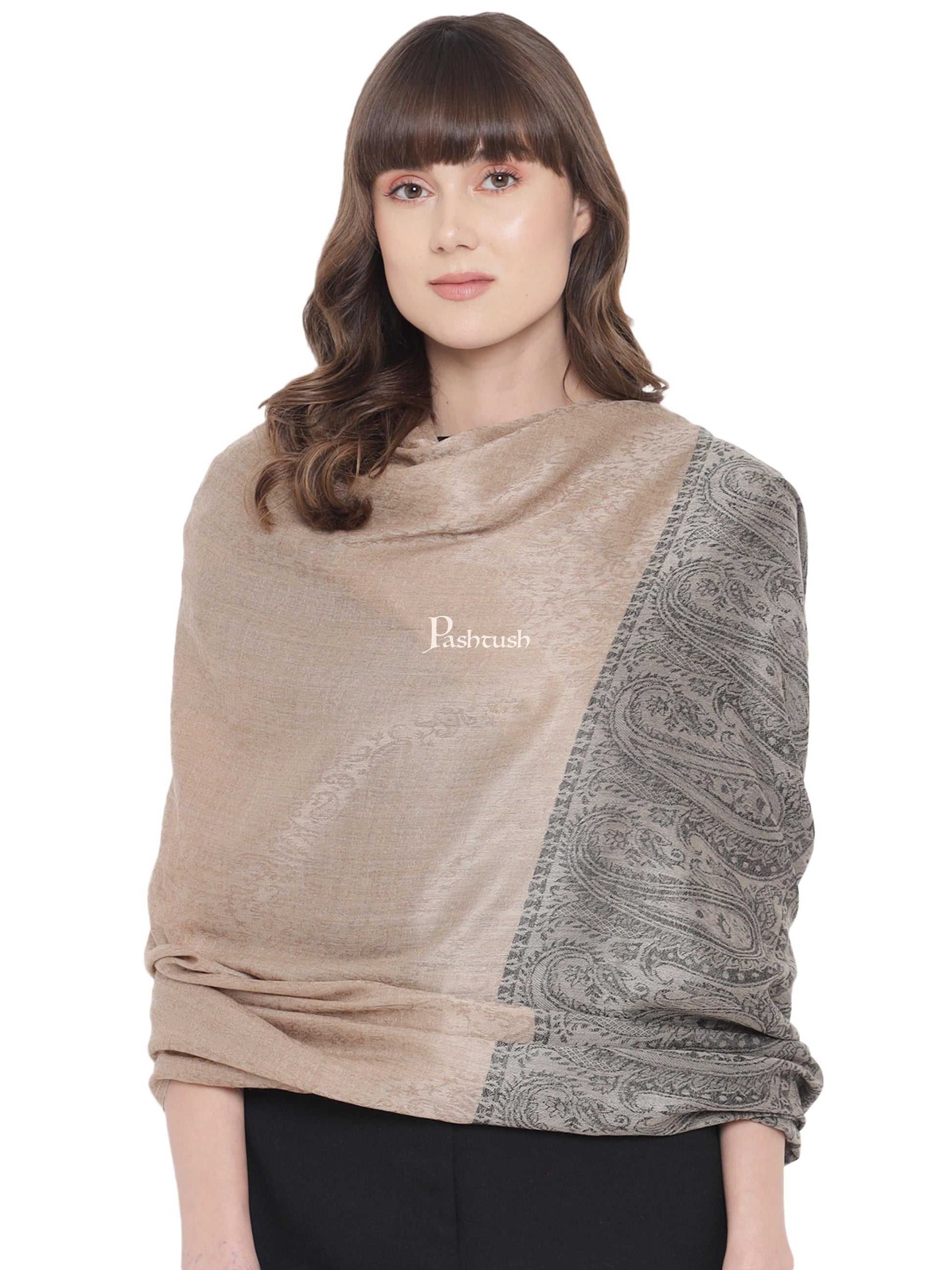 Pashtush India Womens Shawls Pashtush Womens Shawl, Fine Wool Self Jacquard Weave, Beige and Black