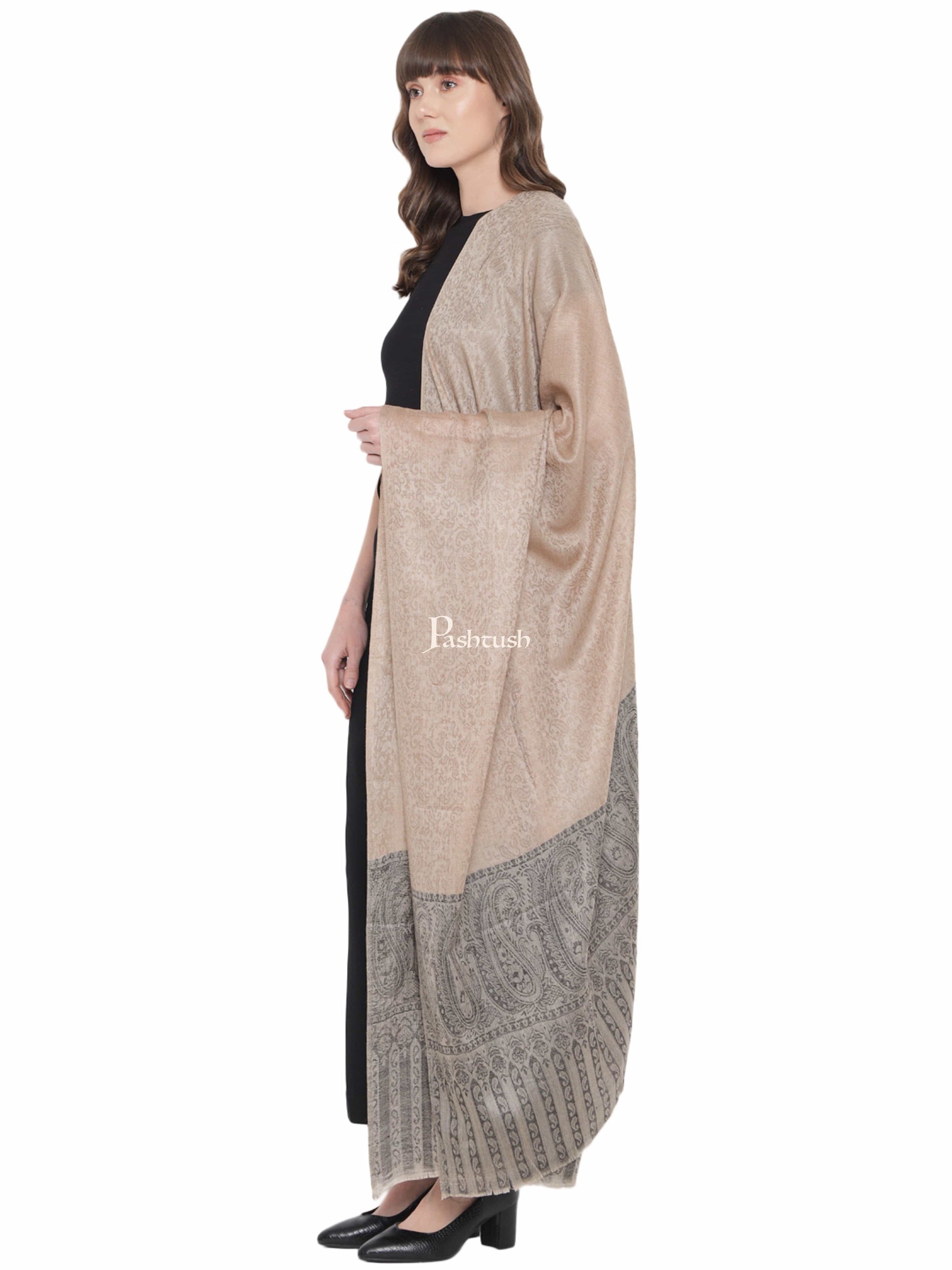 Pashtush India Womens Shawls Pashtush Womens Shawl, Fine Wool Self Jacquard Weave, Beige and Black