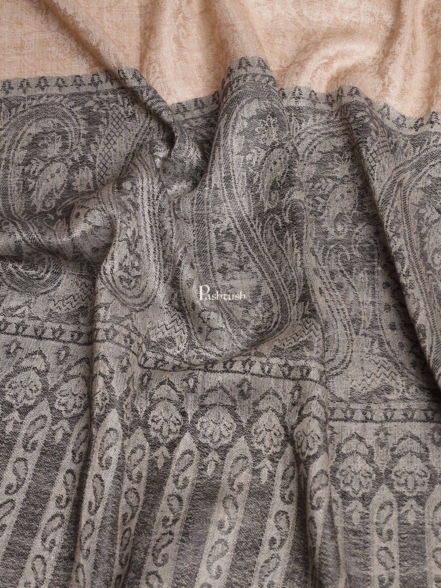 Pashtush India Womens Shawls Pashtush Womens Shawl, Fine Wool Self Jacquard Weave, Beige and Black
