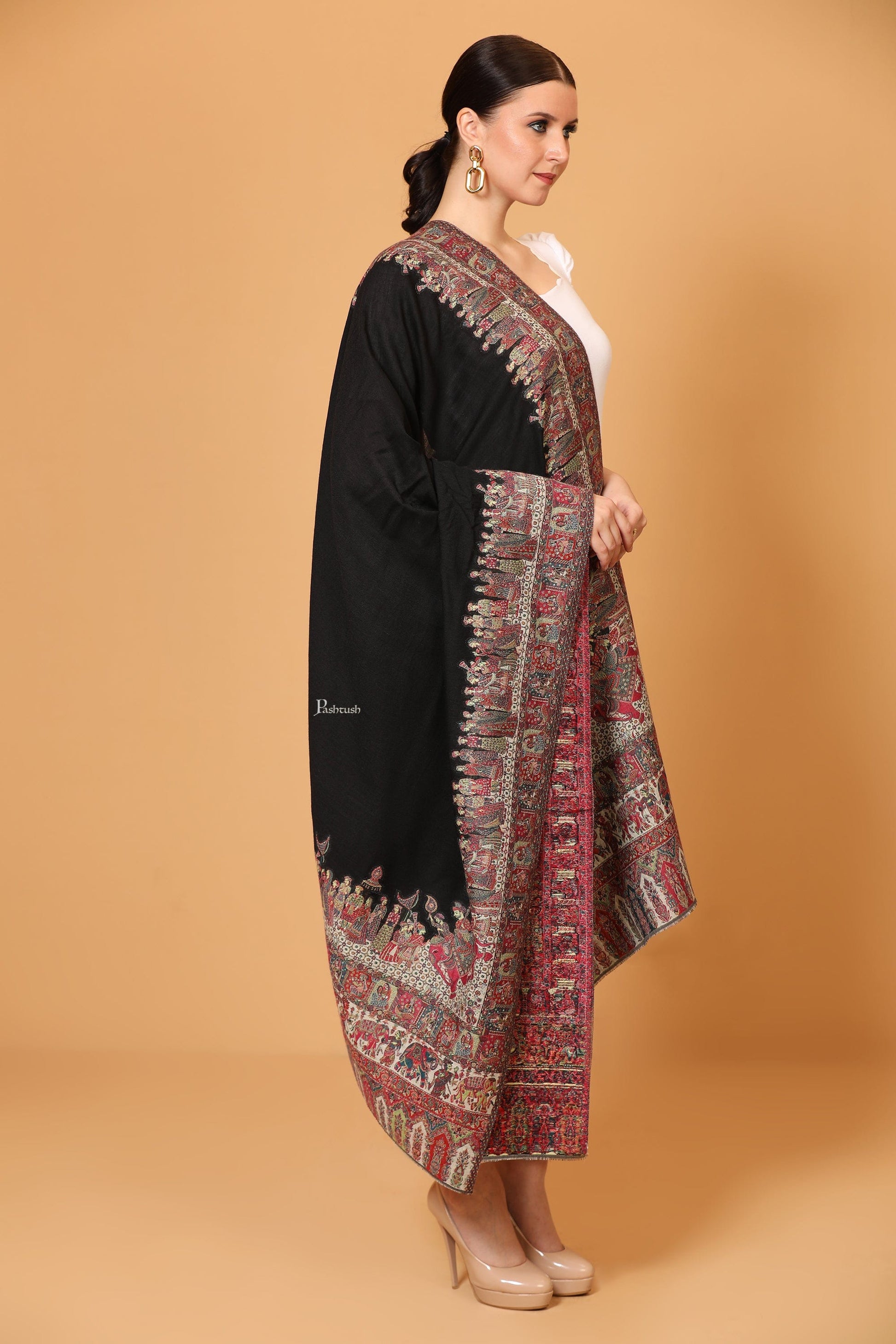Pashtush India Womens Shawls Pashtush Womens Shawl, Fine Wool, Soft and Warm, Woven Darbar Design, Black