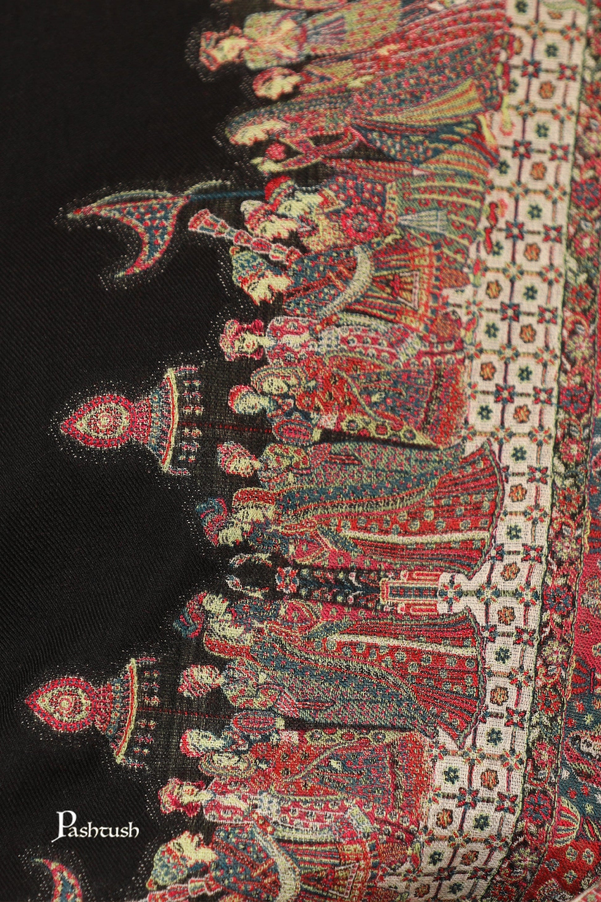 Pashtush India Womens Shawls Pashtush Womens Shawl, Fine Wool, Soft and Warm, Woven Darbar Design, Black