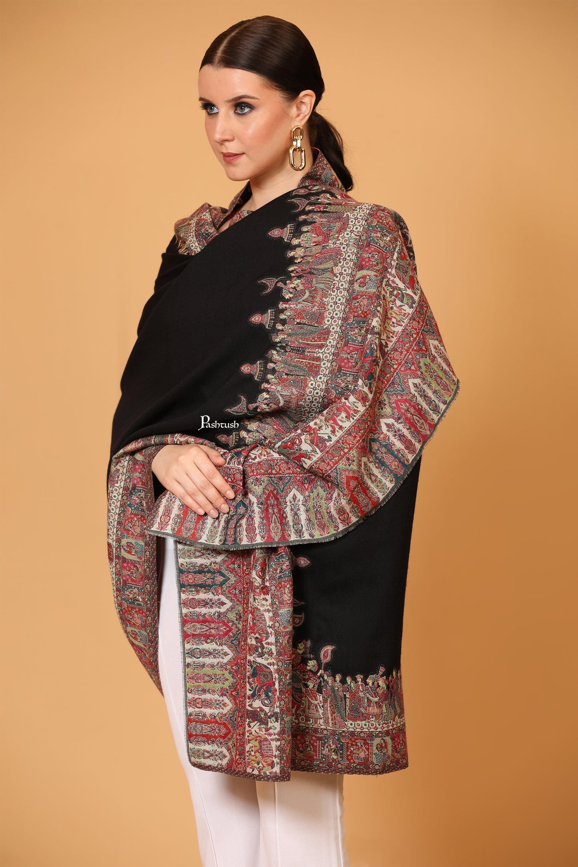 Pashtush India Womens Shawls Pashtush Womens Shawl, Fine Wool, Soft and Warm, Woven Darbar Design, Black