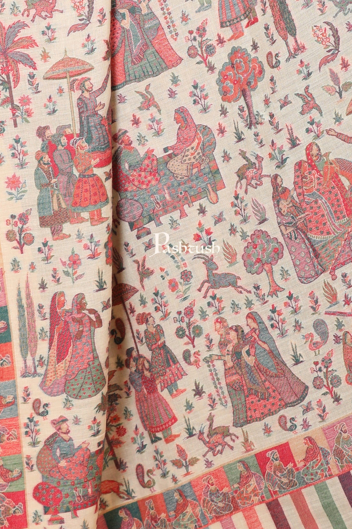 Pashtush India Womens Shawls Pashtush Womens Shawl, Fine Wool, Soft and Warm, Woven Darbar Design, Light Beige