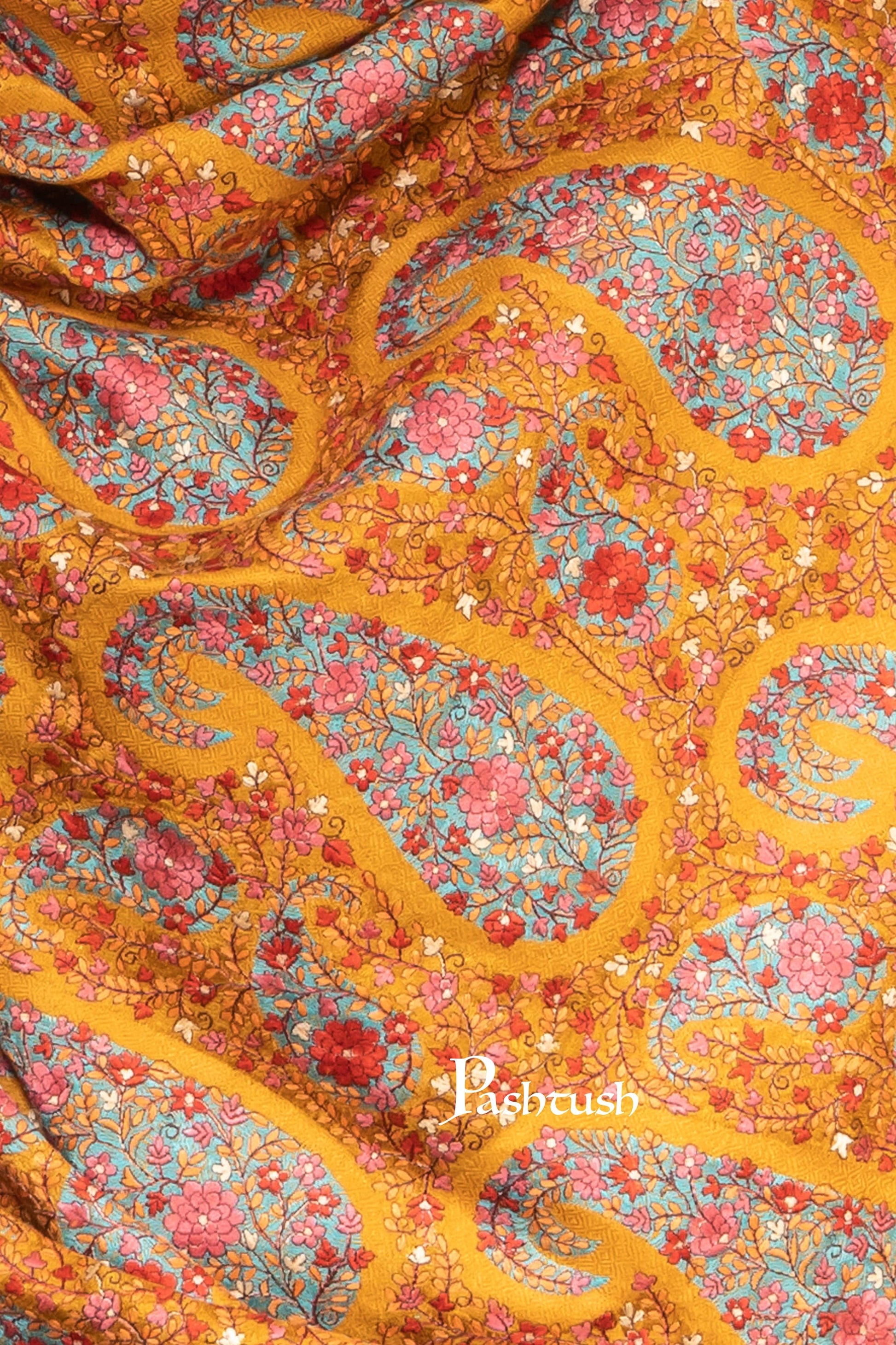 Pashtush India Womens Shawls Pashtush Womens Shawl, Intricate Kashmiri Embroidery, Fine Wool, Jama Jaal, Mustard