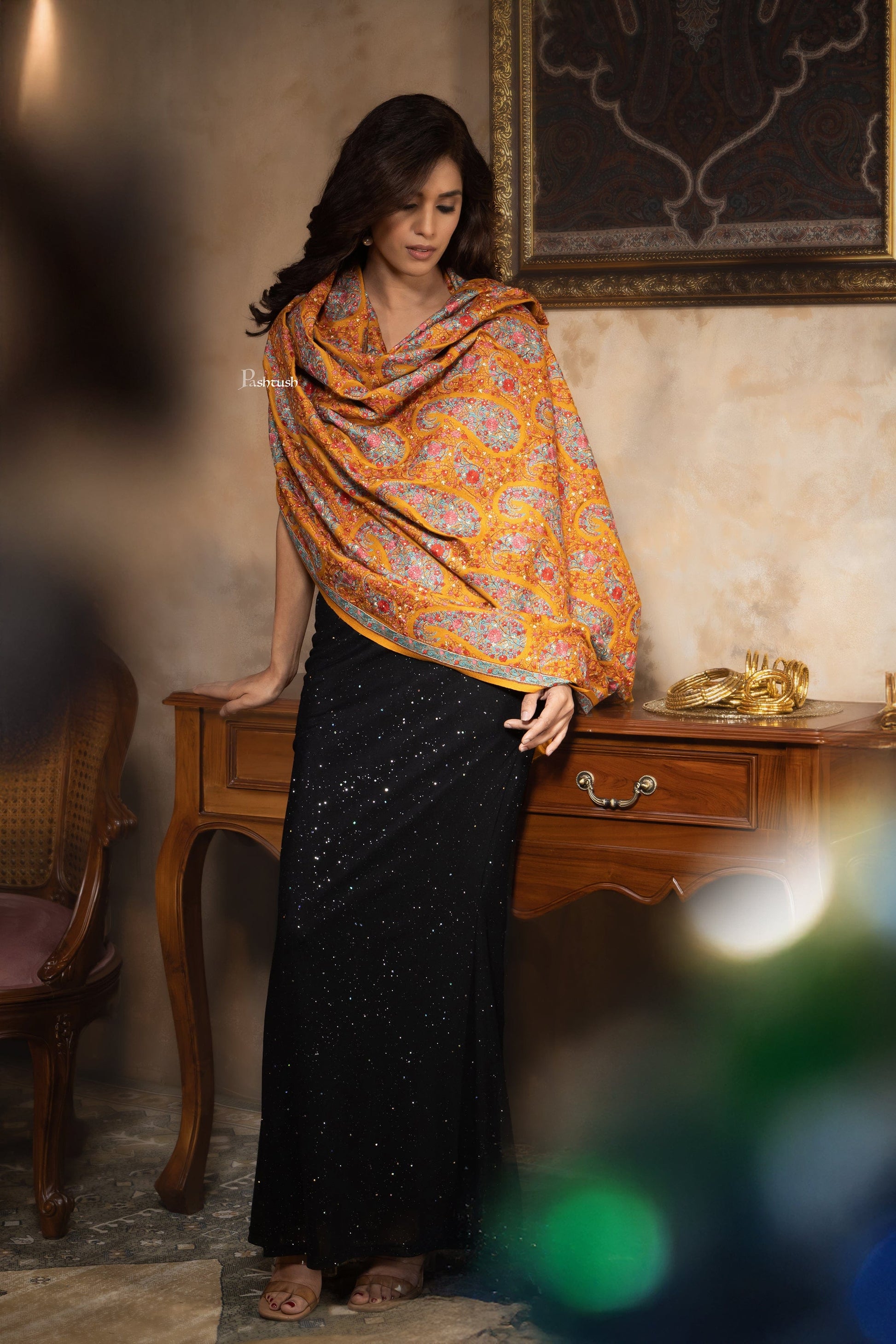Pashtush India Womens Shawls Pashtush Womens Shawl, Intricate Kashmiri Embroidery, Fine Wool, Jama Jaal, Mustard