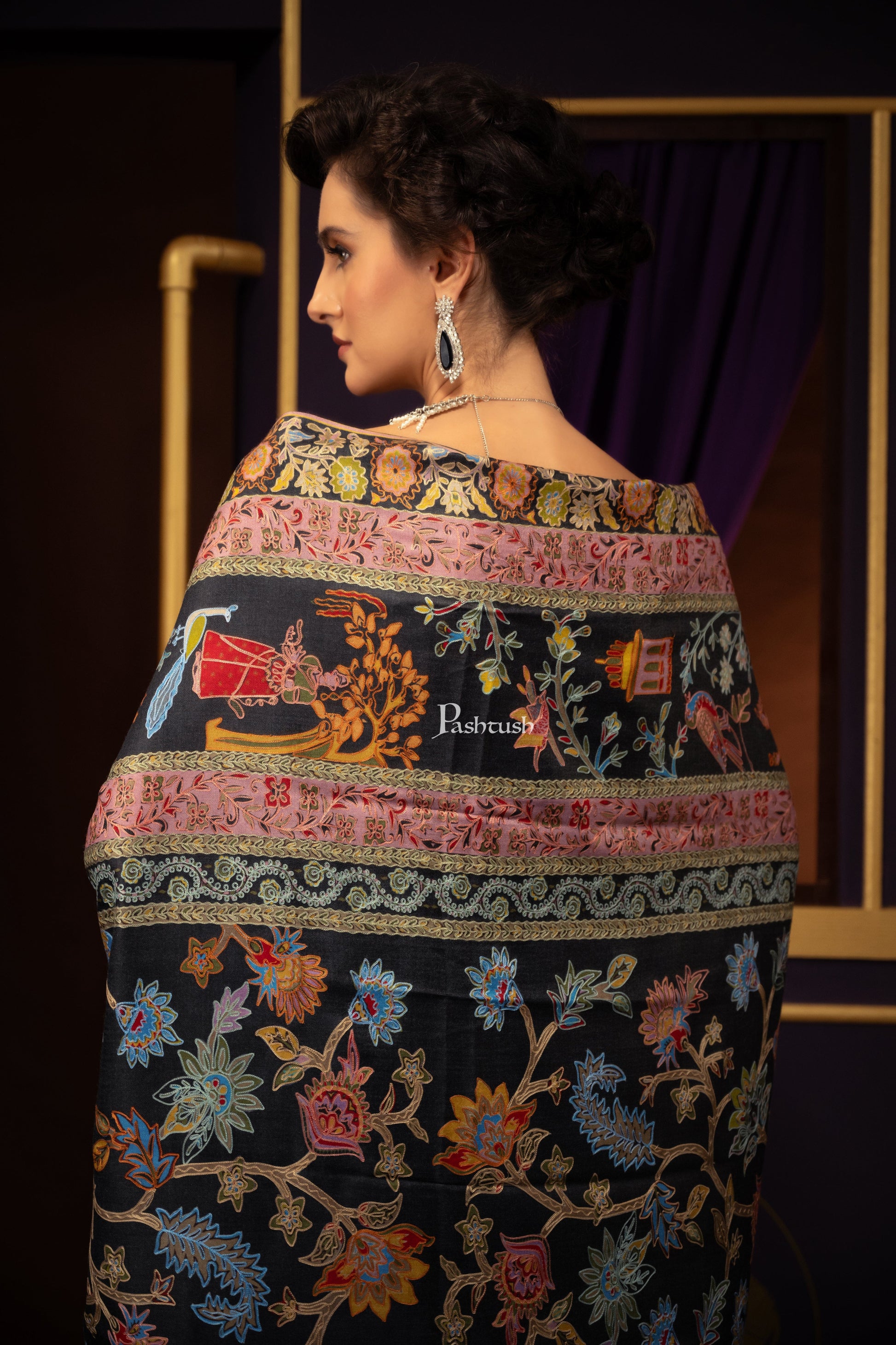 Pashtush India Womens Shawls Pashtush Womens Shawl, Kalamkari Embroidery, Love Story Shawl, Fine Wool