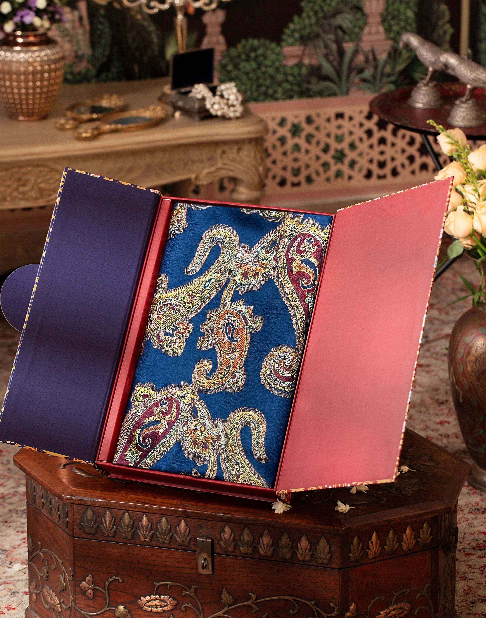 Pashtush India Gift Pack Pashtush Womens Shawl, Kashmiri Hand Embroidery, Soft and Warm Wool, With Outlined Thread work, Navy Blue