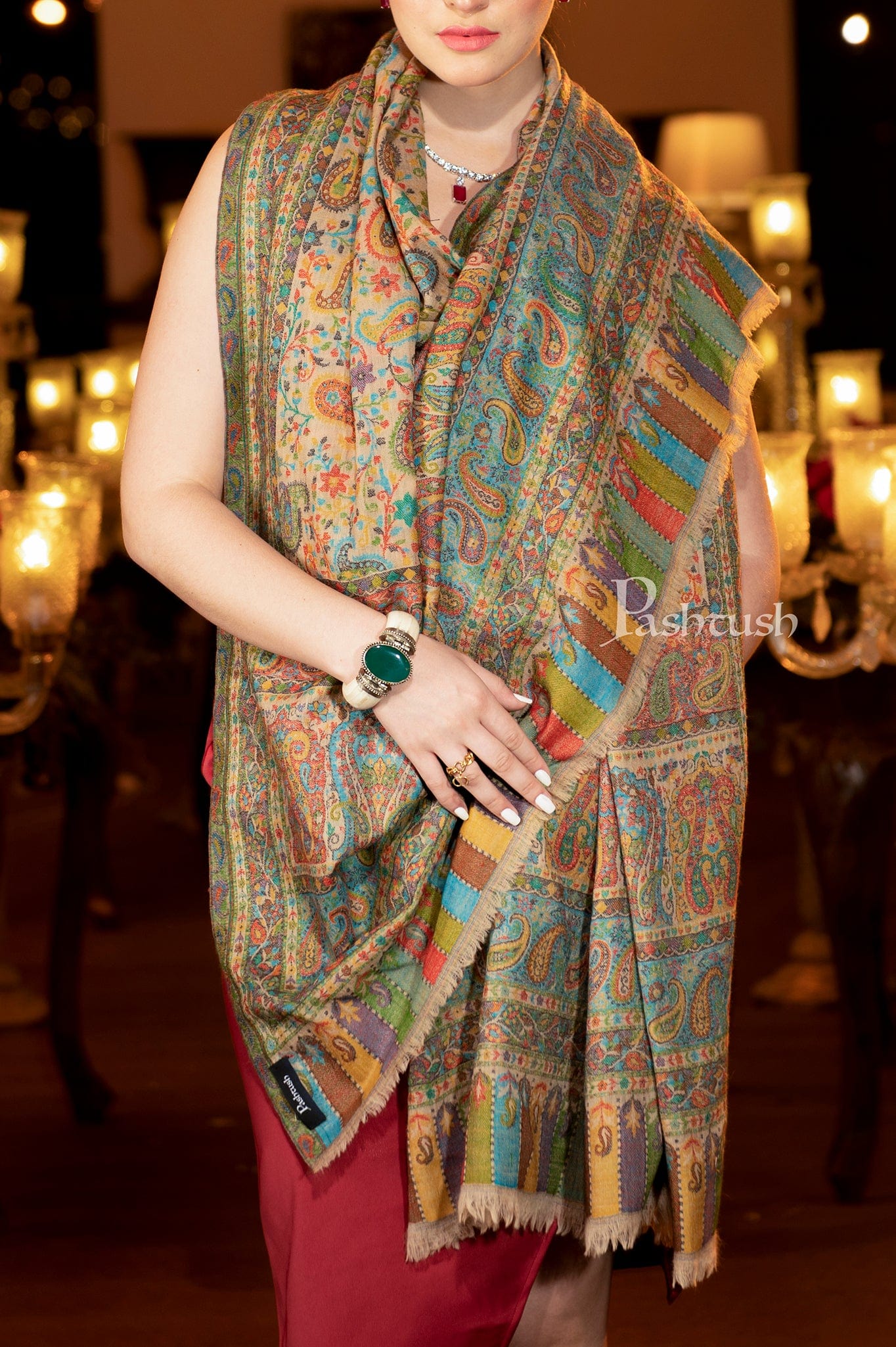 Pashtush India Womens Shawls Pashtush Womens Shawl, Pure Wool, With Woolmark Certificate, Woven Kalamkari Design Shawl