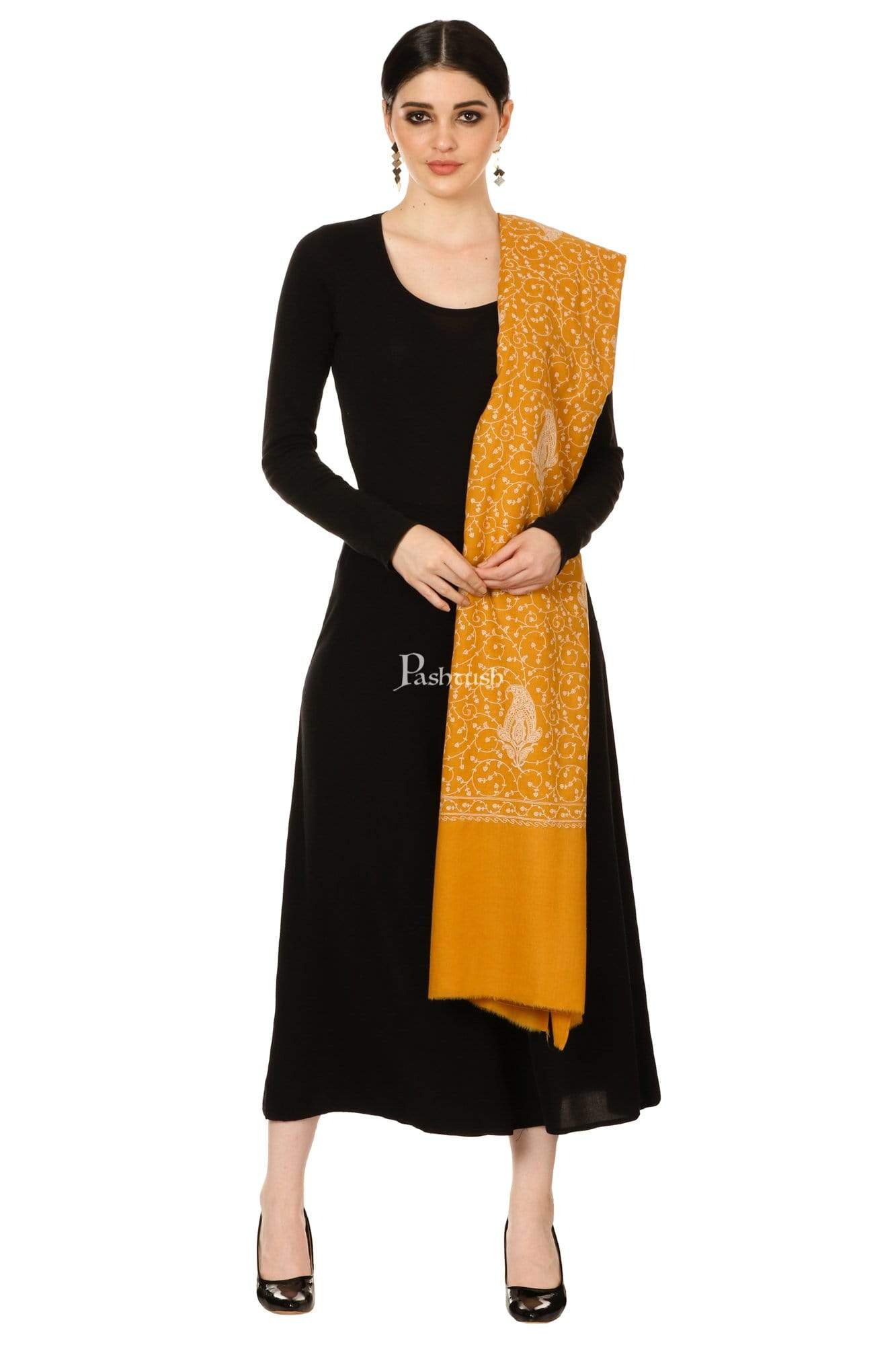 Pashtush Shawl Store Shawl Pashtush Womens Shawl, Tone on Tone Embroidery, Soft, Warm, Light Weight, Kashmiri Mustard