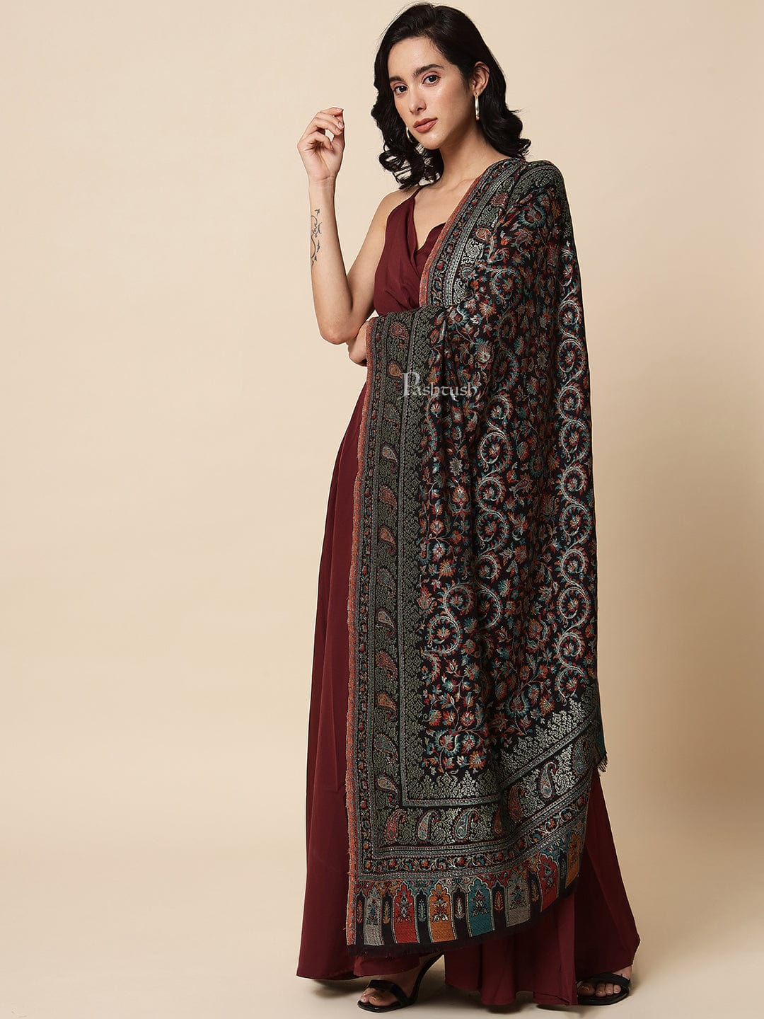 Pashtush India Womens Shawls Pashtush Womens Shawl, Twilight Collection, Bamboo Shawl with Mettalic Thread Weave, Black