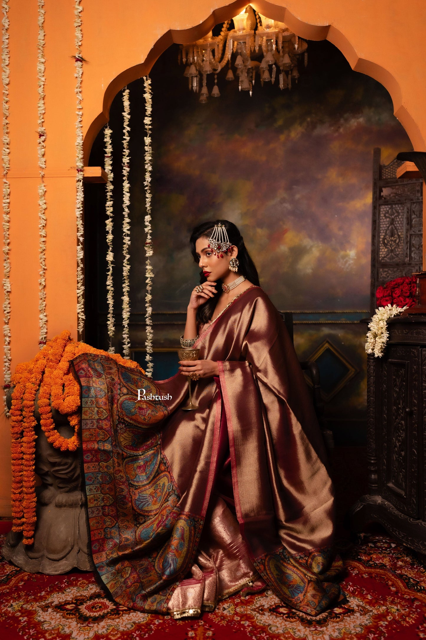 Pashtush India Womens Shawls Pashtush Womens Shawl, Twilight Collection, Fine Wool, Amber and Gold