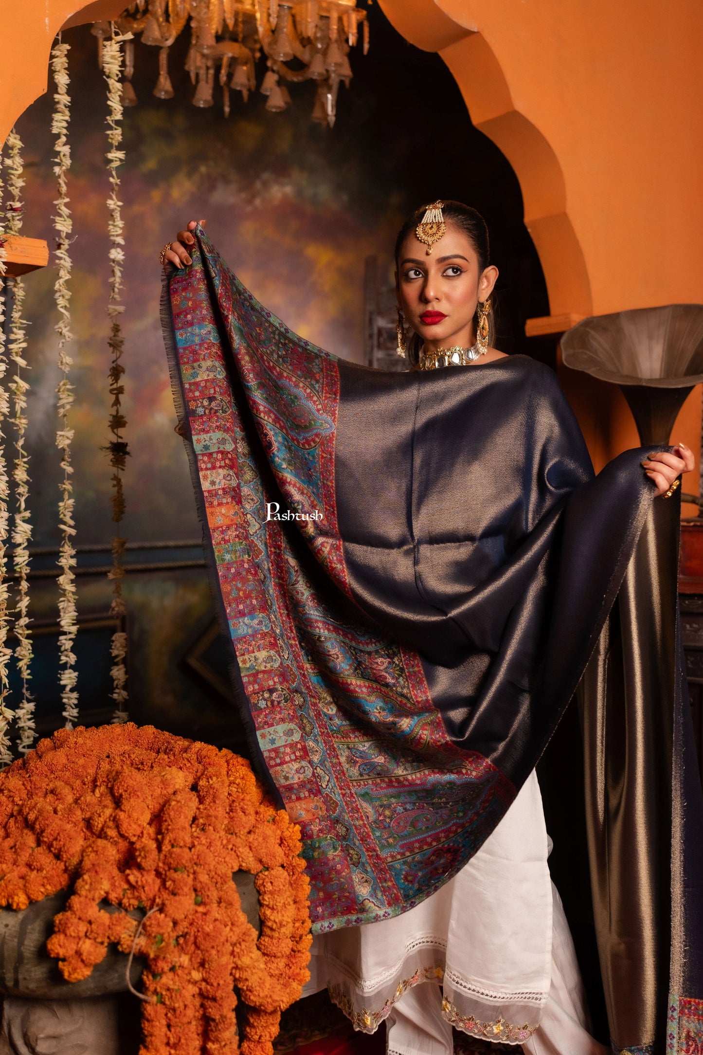 Pashtush India Womens Shawls Pashtush Womens Shawl, Twilight Collection, Palla border weave Fine Wool, Royal Blue and Gold