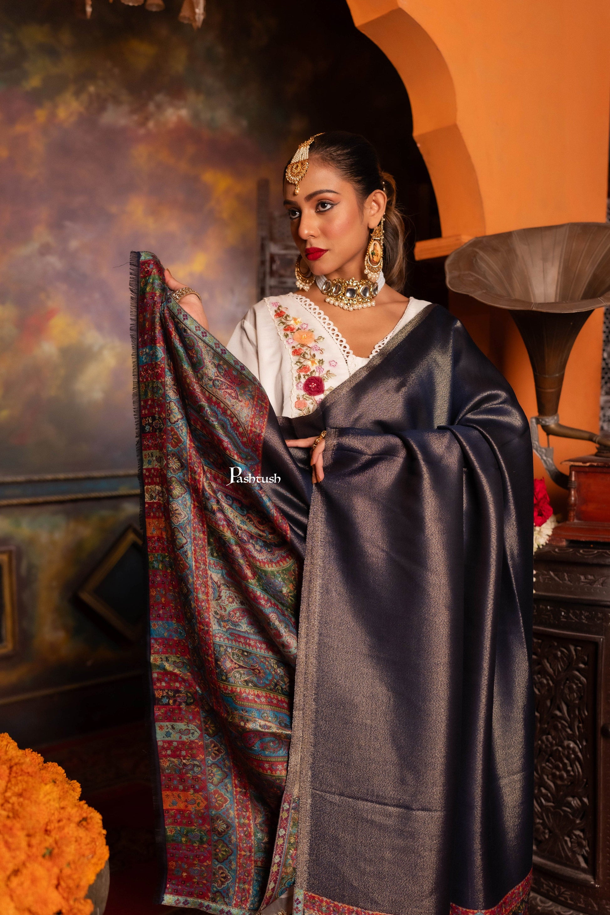 Pashtush India Womens Shawls Pashtush Womens Shawl, Twilight Collection, Palla border weave Fine Wool, Royal Blue and Gold