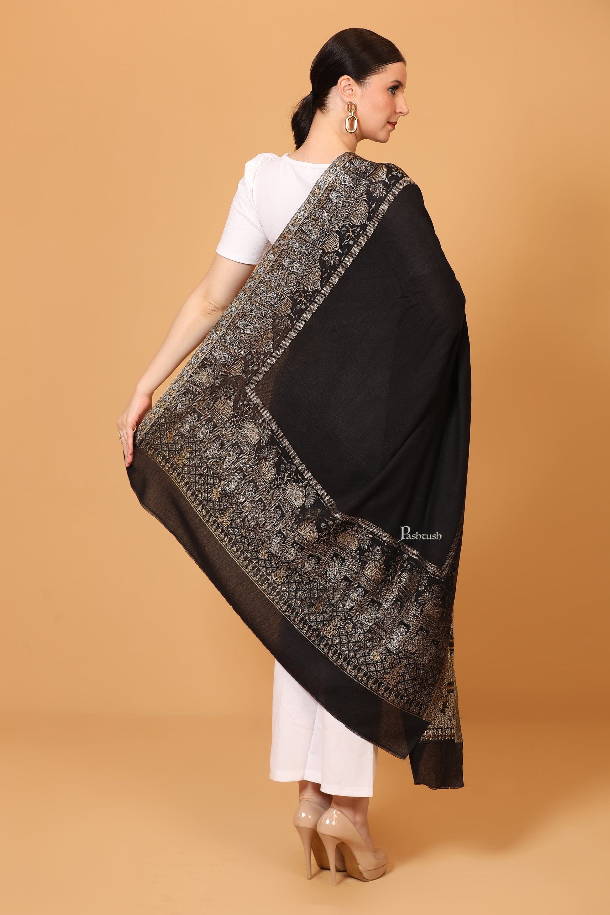 Pashtush India Womens Shawls Pashtush Womens Shawl, Twilight Collection, Royal Shamyana, Metallic Weave Design, Black