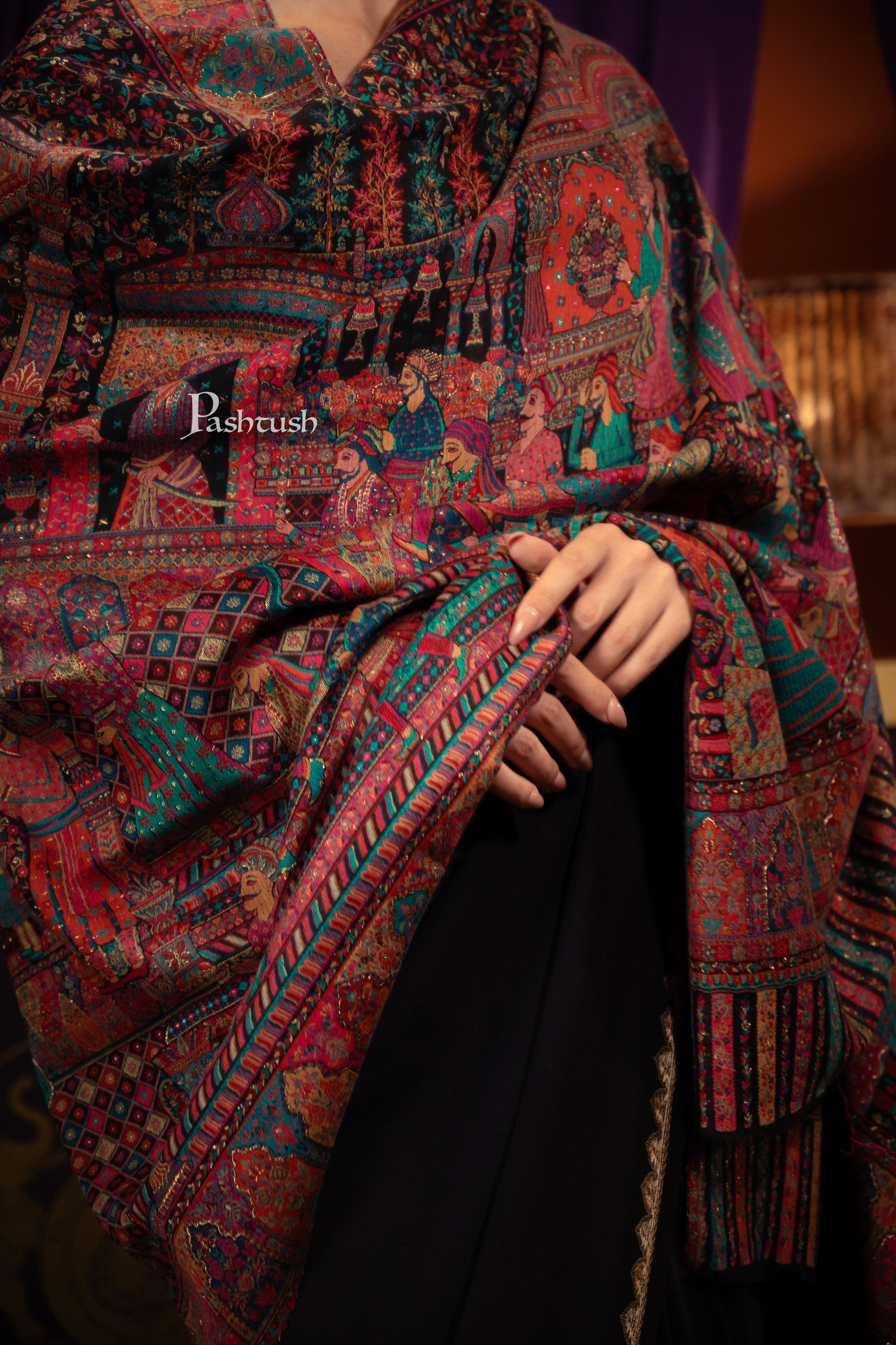 Pashtush India Womens Shawls Pashtush Womens Shawl, Twilight collection with woven royal darbar, fine wool, black
