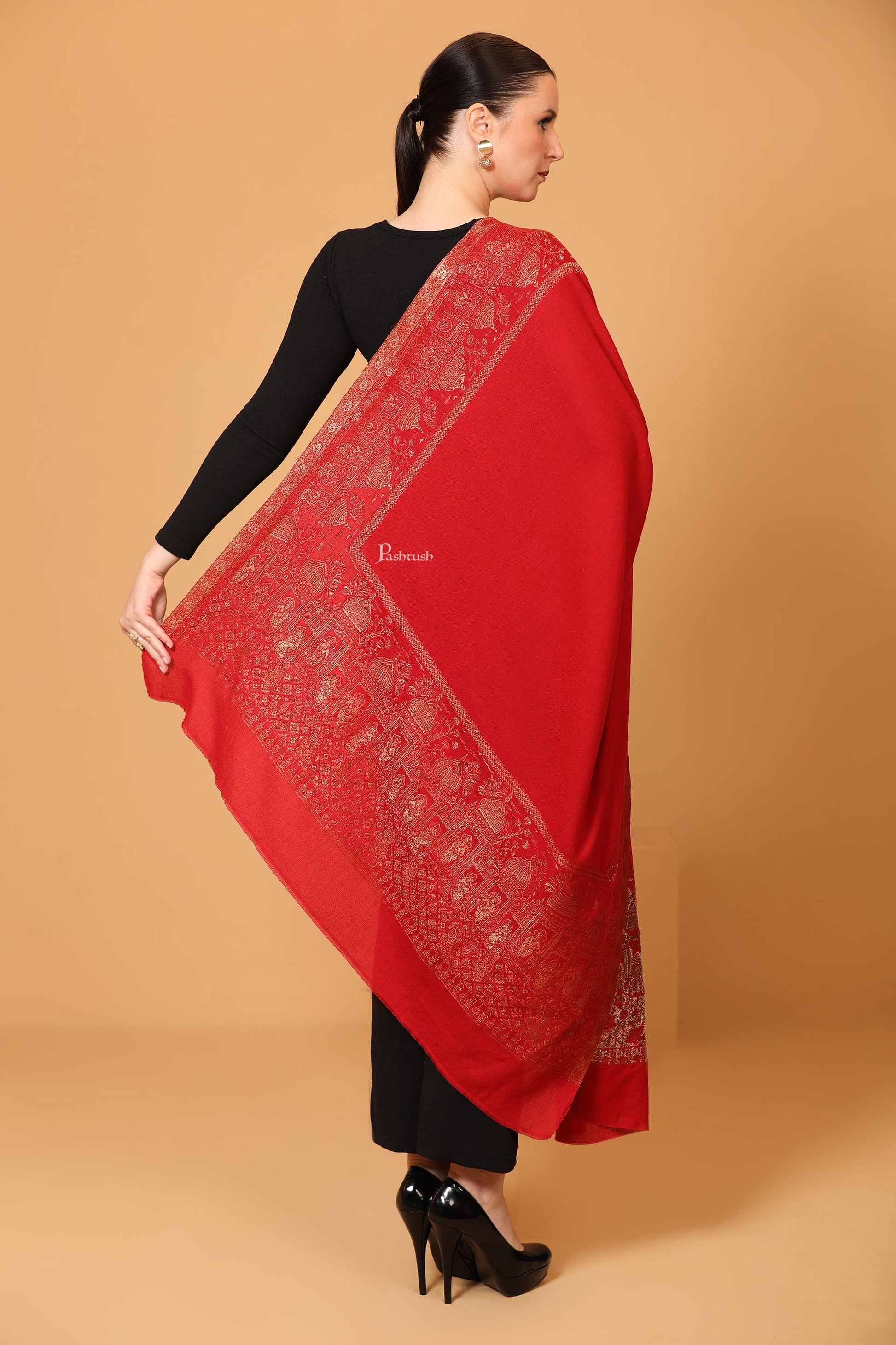 Pashtush India Womens Shawls Pashtush Womens Shawl, Twiligth Collection, Royal Shamyana, Metallic Weave Design, Deep Red