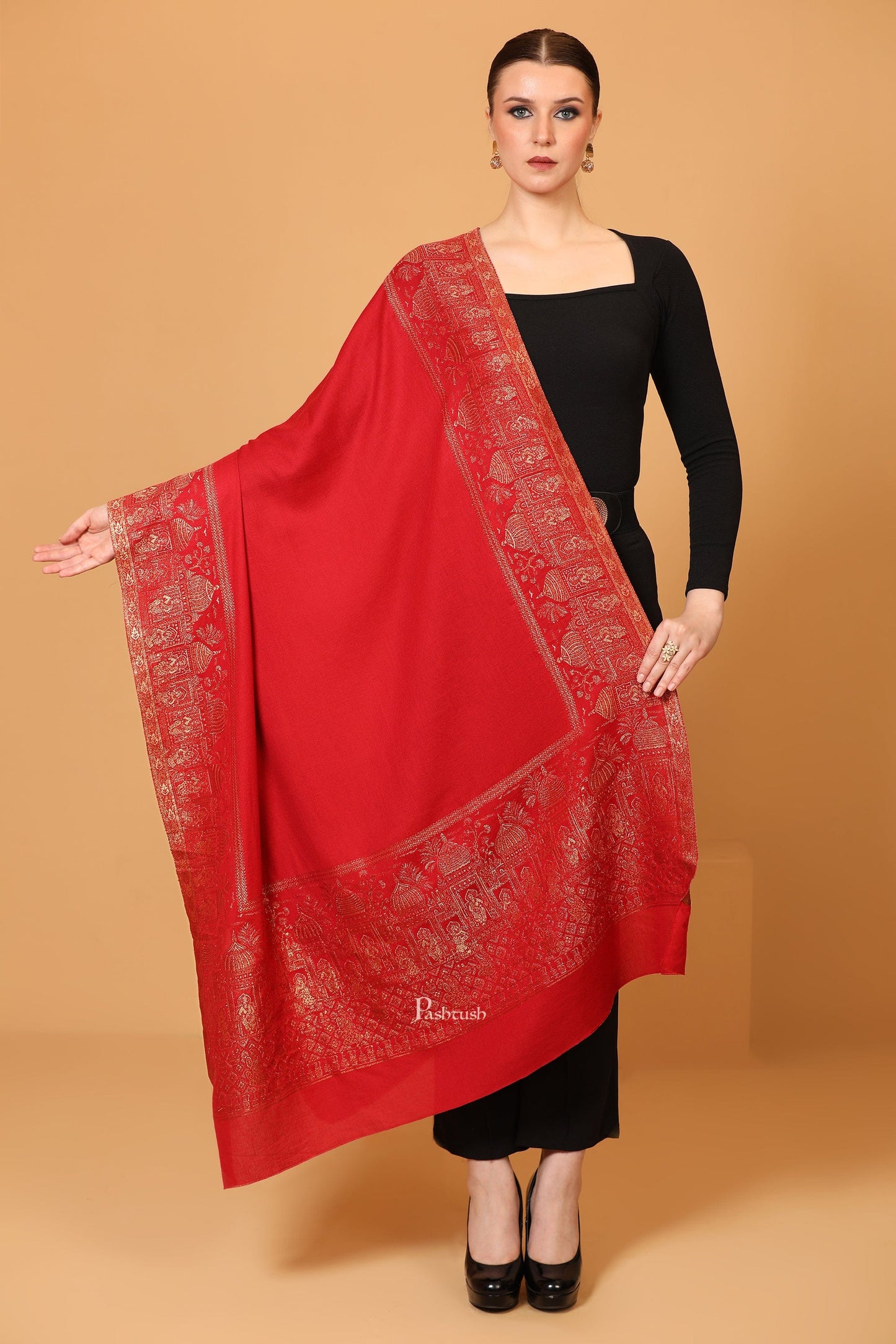 Pashtush India Womens Shawls Pashtush Womens Shawl, Twiligth Collection, Royal Shamyana, Metallic Weave Design, Deep Red