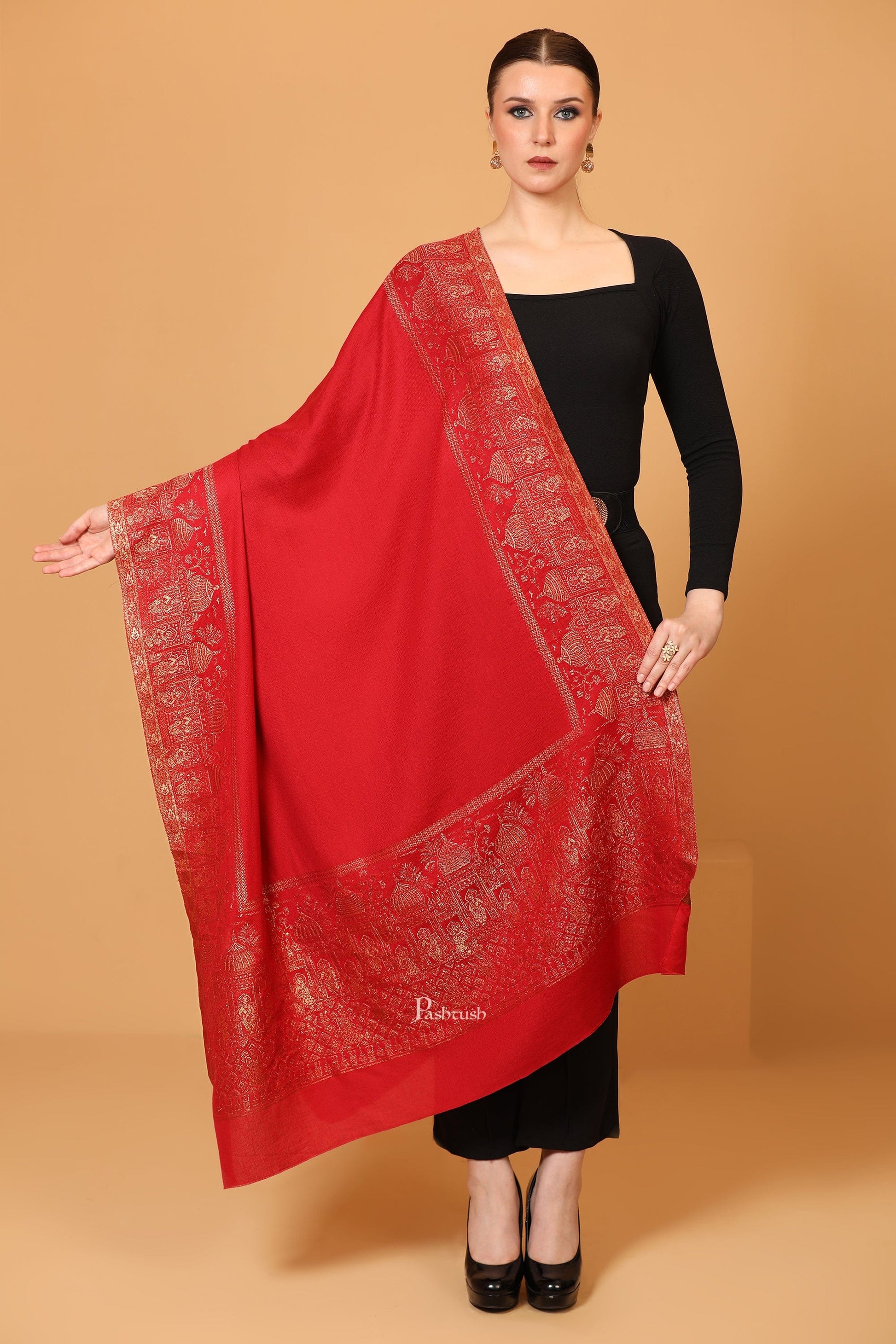 Pashtush India Womens Shawls Pashtush Womens Shawl, Twiligth Collection, Royal Shamyana, Metallic Weave Design, Deep Red