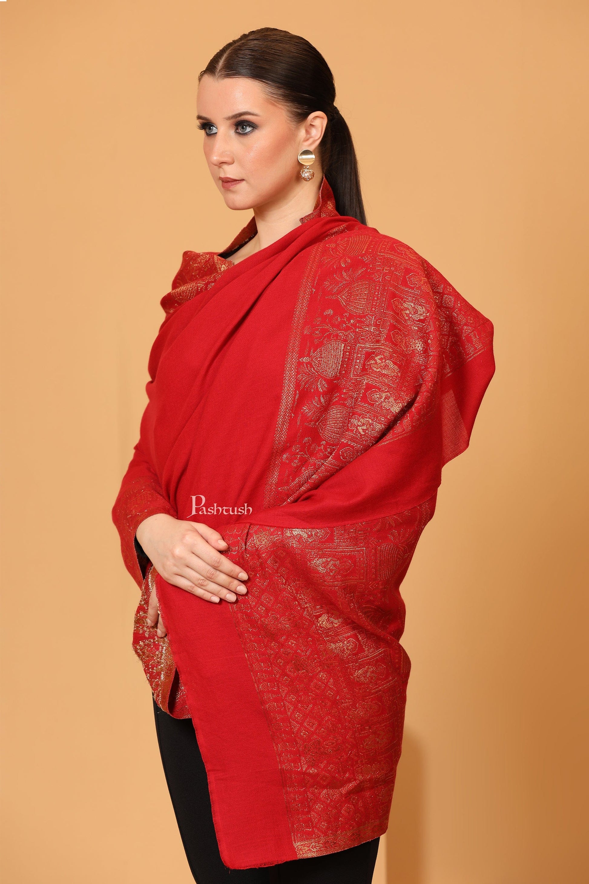Pashtush India Womens Shawls Pashtush Womens Shawl, Twiligth Collection, Royal Shamyana, Metallic Weave Design, Deep Red