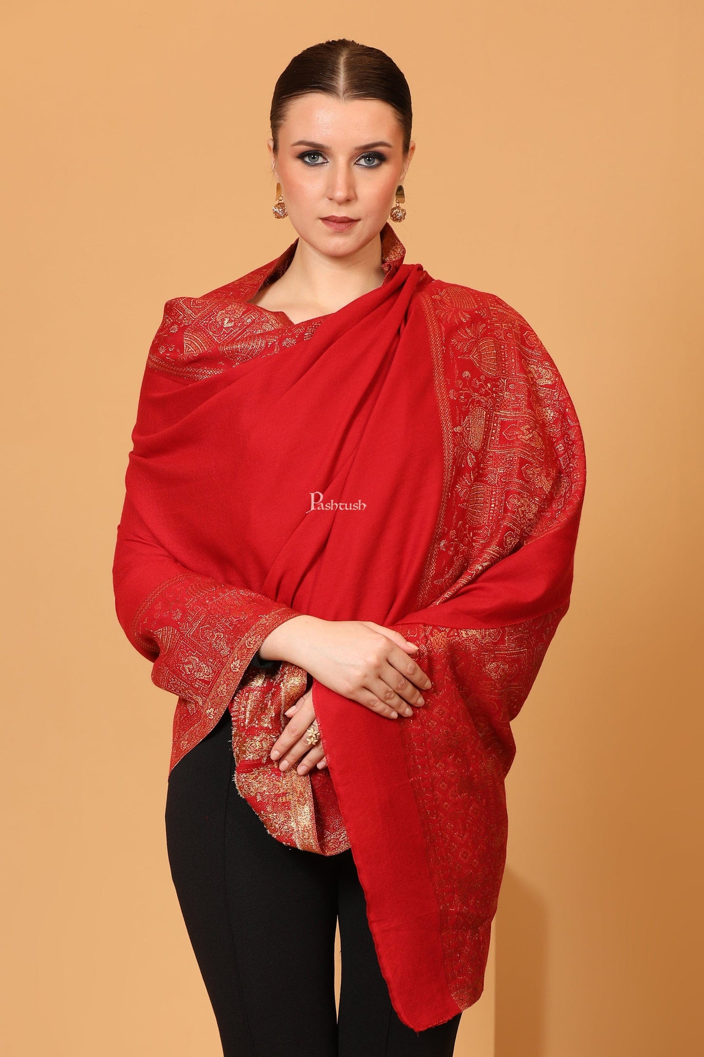 Pashtush India Womens Shawls Pashtush Womens Shawl, Twiligth Collection, Royal Shamyana, Metallic Weave Design, Deep Red