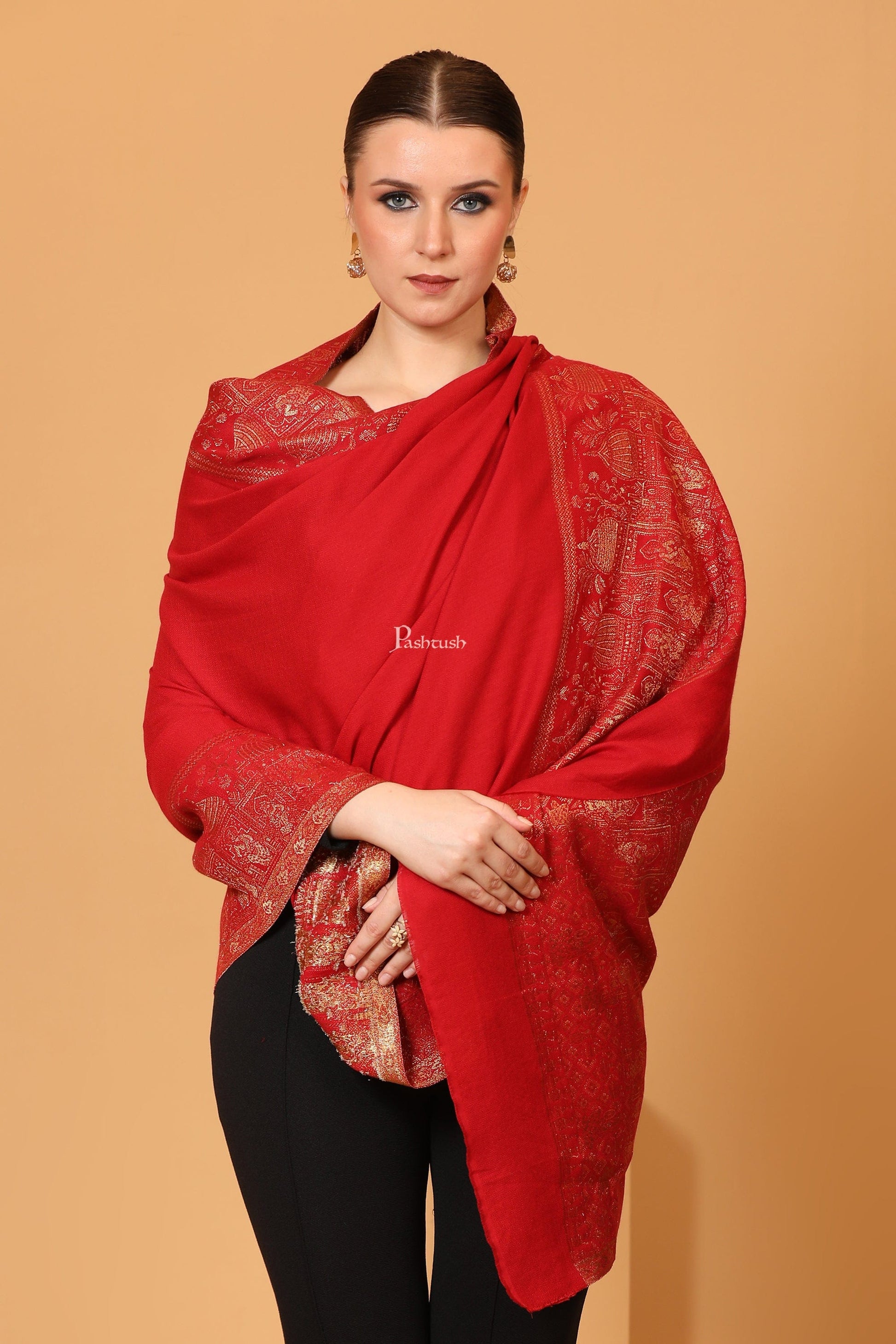 Pashtush India Womens Shawls Pashtush Womens Shawl, Twiligth Collection, Royal Shamyana, Metallic Weave Design, Deep Red