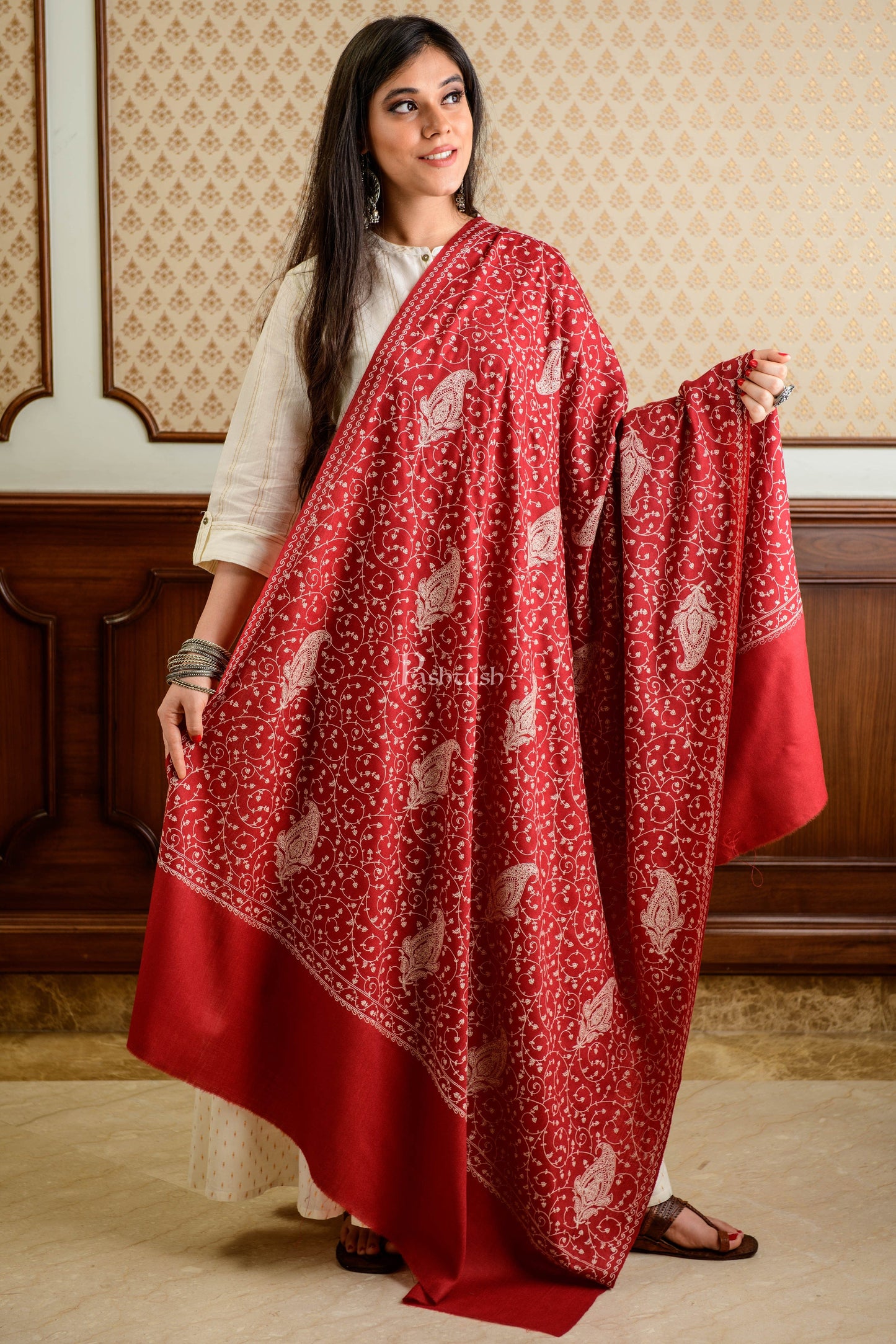 Pashtush India Womens Shawls Pashtush Womens Shawl With Tone On Tone Embroidery, Soft And Warm, Light Weight