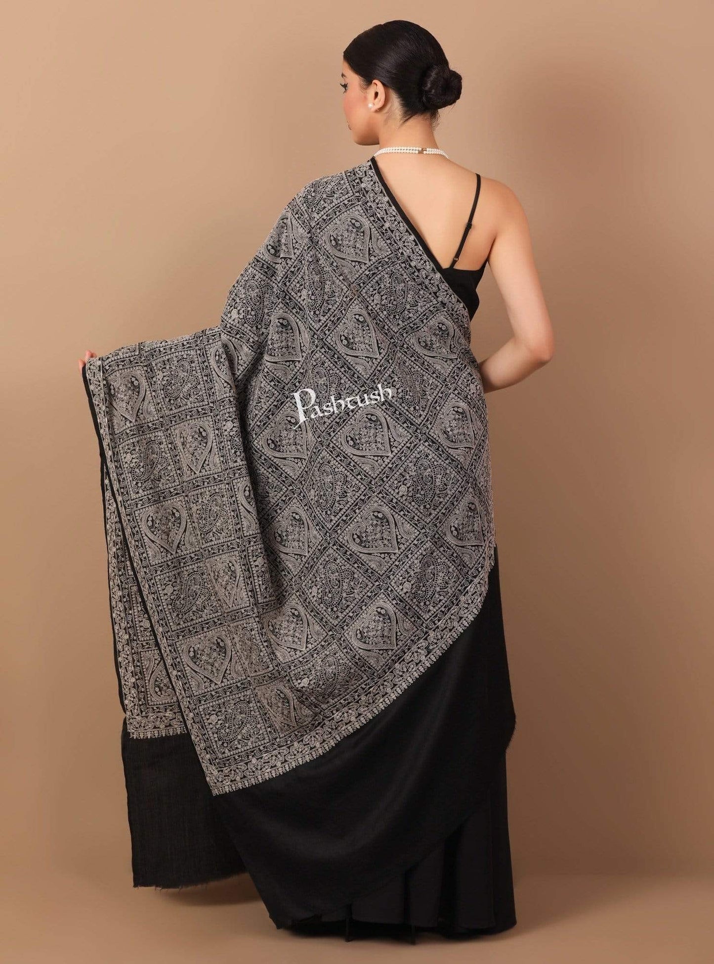 Pashtush India Shawl Pashtush Womens Shawl with Tone on Tone Embroidery, Soft and Warm, Rich Black