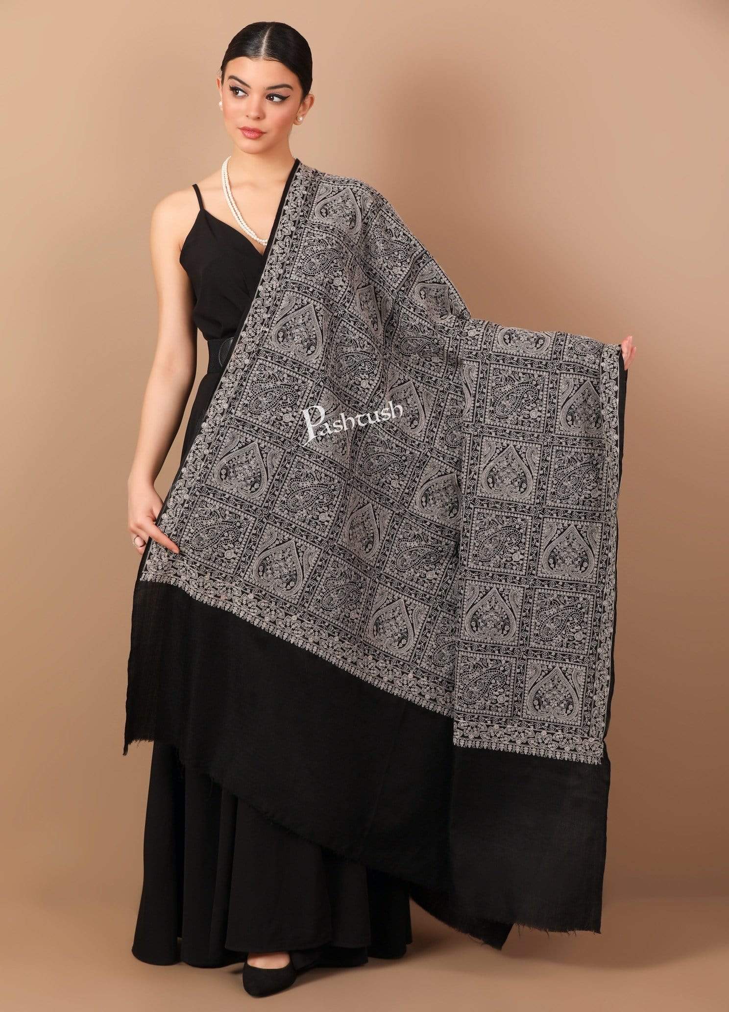 Pashtush India Shawl Pashtush Womens Shawl with Tone on Tone Embroidery, Soft and Warm, Rich Black