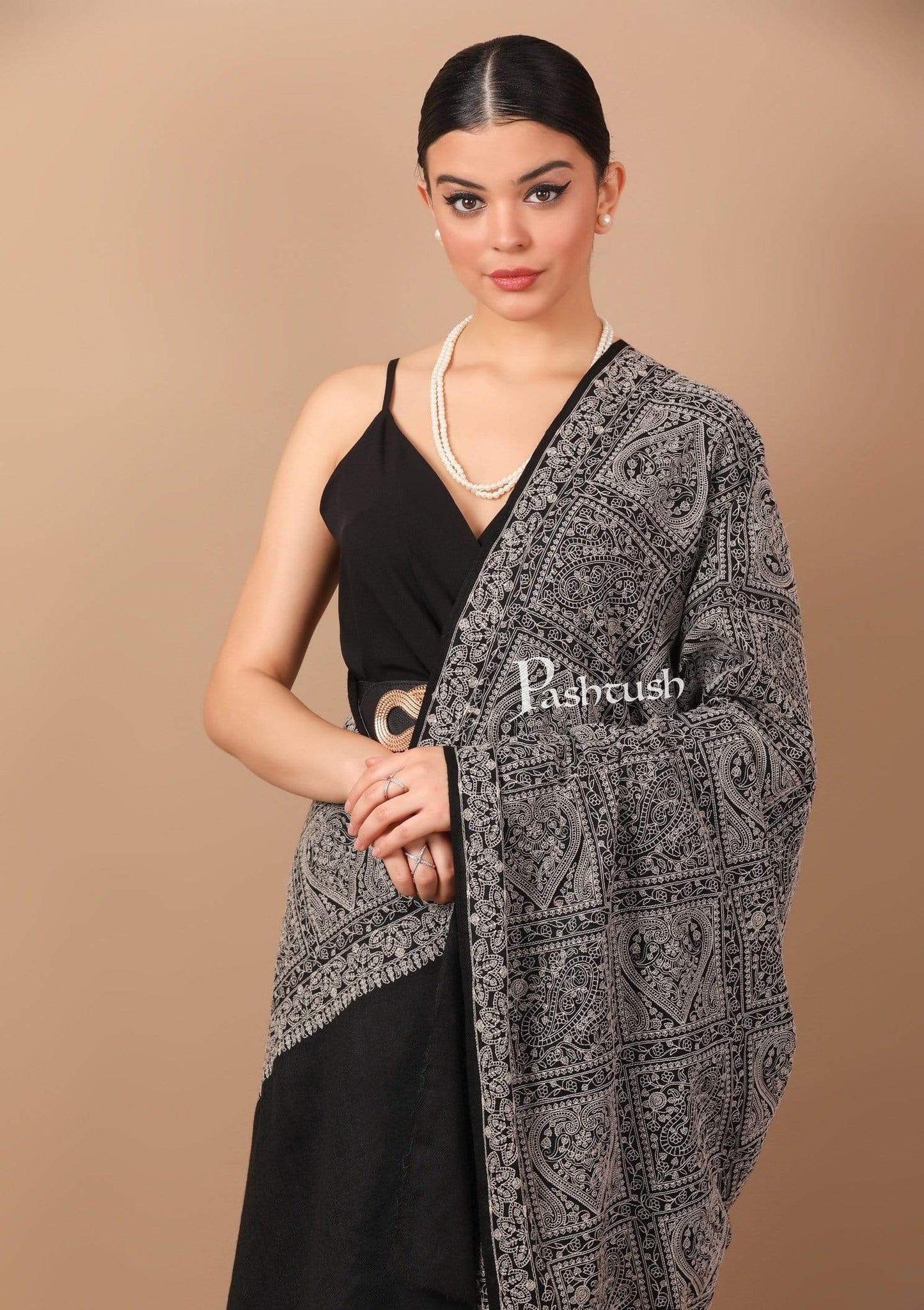 Pashtush India Shawl Pashtush Womens Shawl with Tone on Tone Embroidery, Soft and Warm, Rich Black