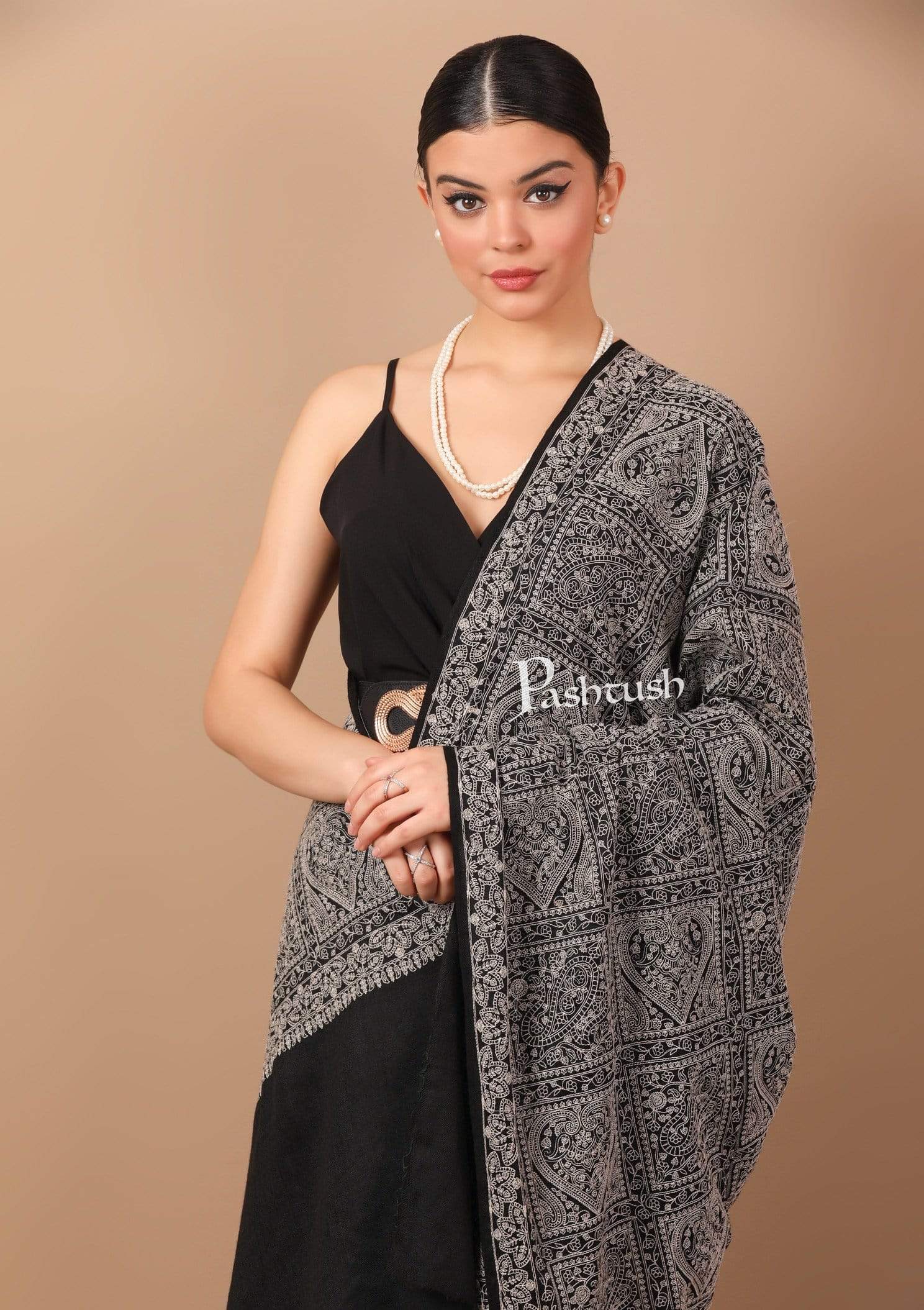 Pashtush India Shawl Pashtush Womens Shawl with Tone on Tone Embroidery, Soft and Warm, Rich Black