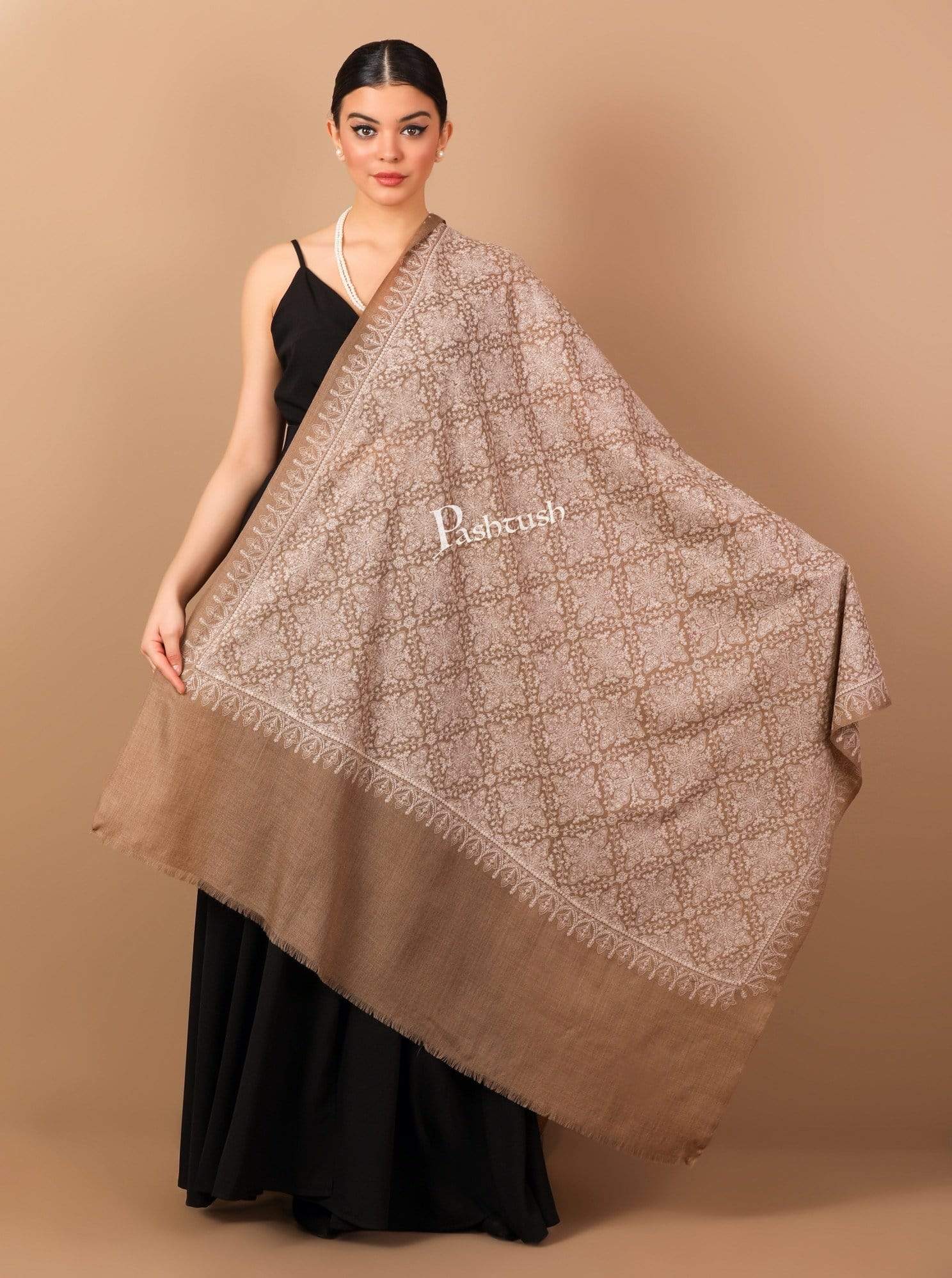 Pashtush India Shawl Pashtush Womens Shawl with Tone on Tone Embroidery, Soft and Warm, Taupe