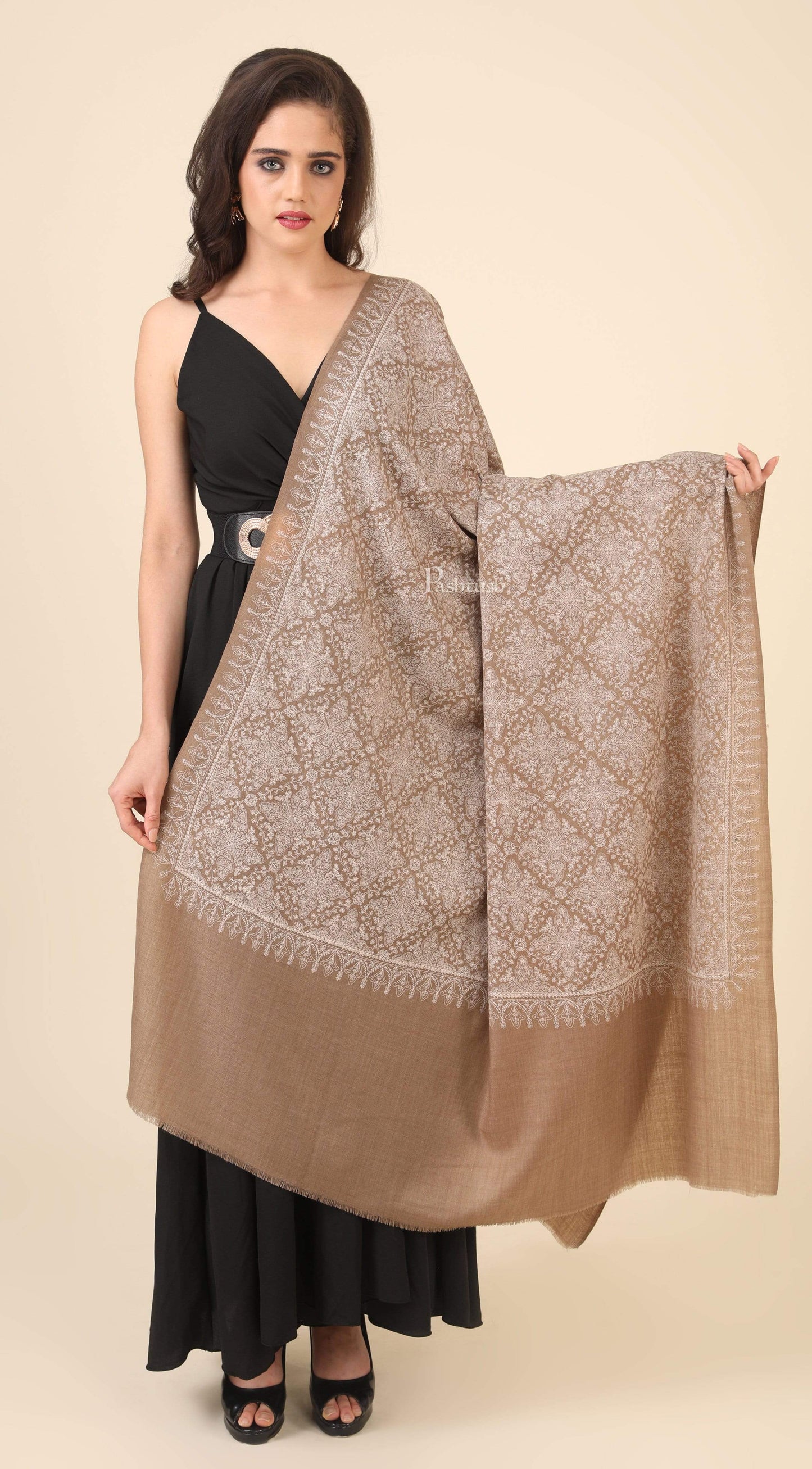 Pashtush India 100x200 Pashtush Womens Shawl with Tone on Tone Embroidery, Soft and Warm, Taupe