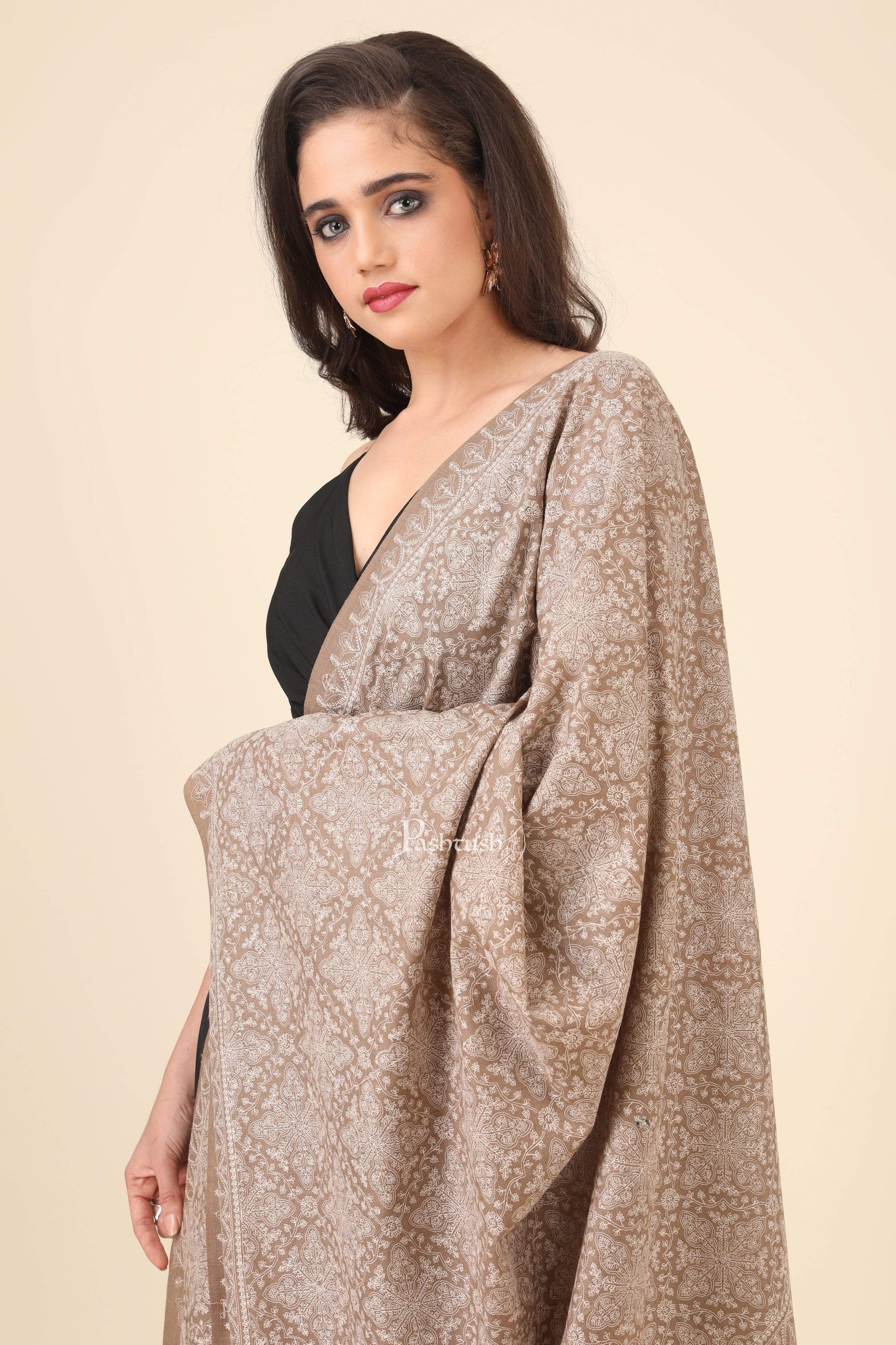 Pashtush India 100x200 Pashtush Womens Shawl with Tone on Tone Embroidery, Soft and Warm, Taupe
