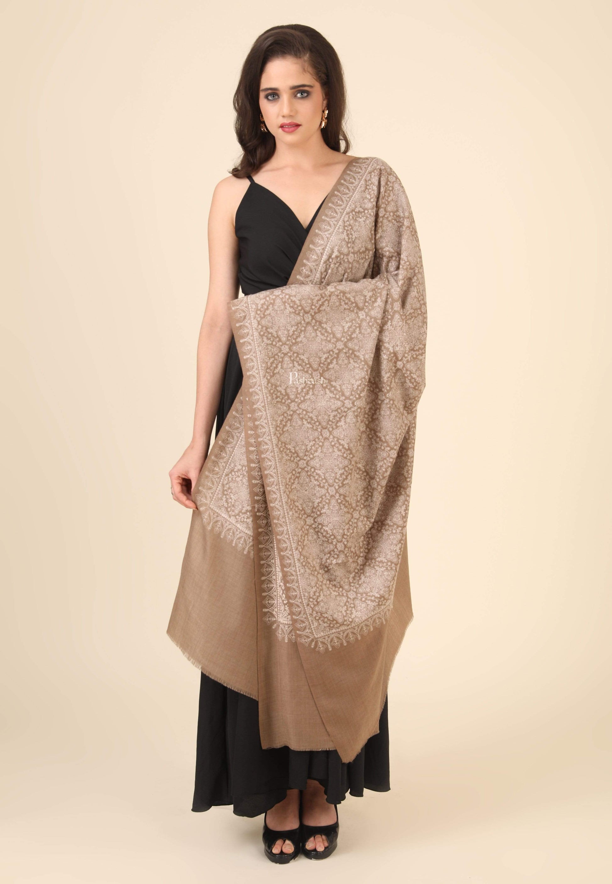 Pashtush India 100x200 Pashtush Womens Shawl with Tone on Tone Embroidery, Soft and Warm, Taupe