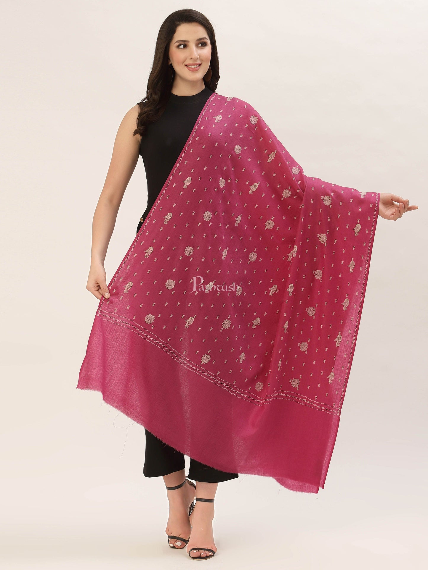 Pashtush India Womens Shawls Pashtush Womens Shawl With Tone On Tone Embroidery, Soft, Warm, Light Weight