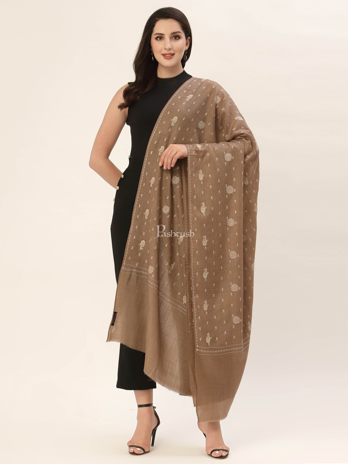 Pashtush India Womens Shawls Pashtush Womens Shawl With Tone On Tone Embroidery, Soft, Warm, Light Weight