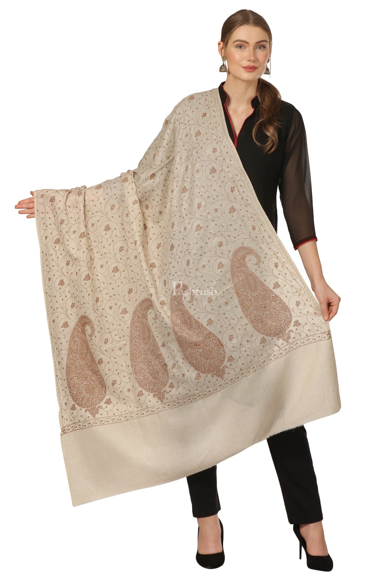 Pashtush India Womens Shawls Pashtush Womens Shawl With Tone On Tone Embroidery, Soft Warm, Light Weight Wool