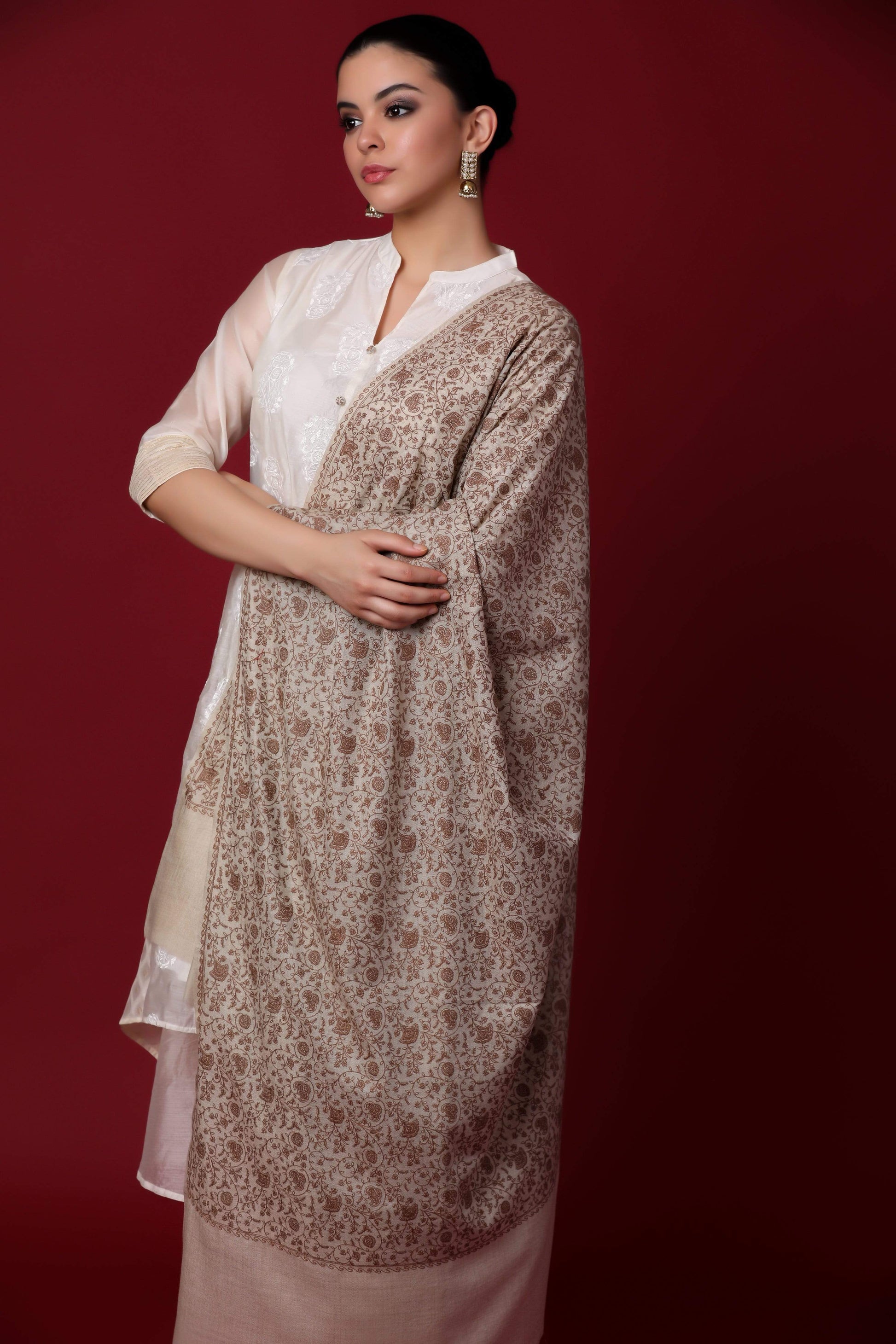 Pashtush Shawl Store Shawl Pashtush Womens Shawl with Tone on Tone Embroidery, Soft Wool, Light Weight