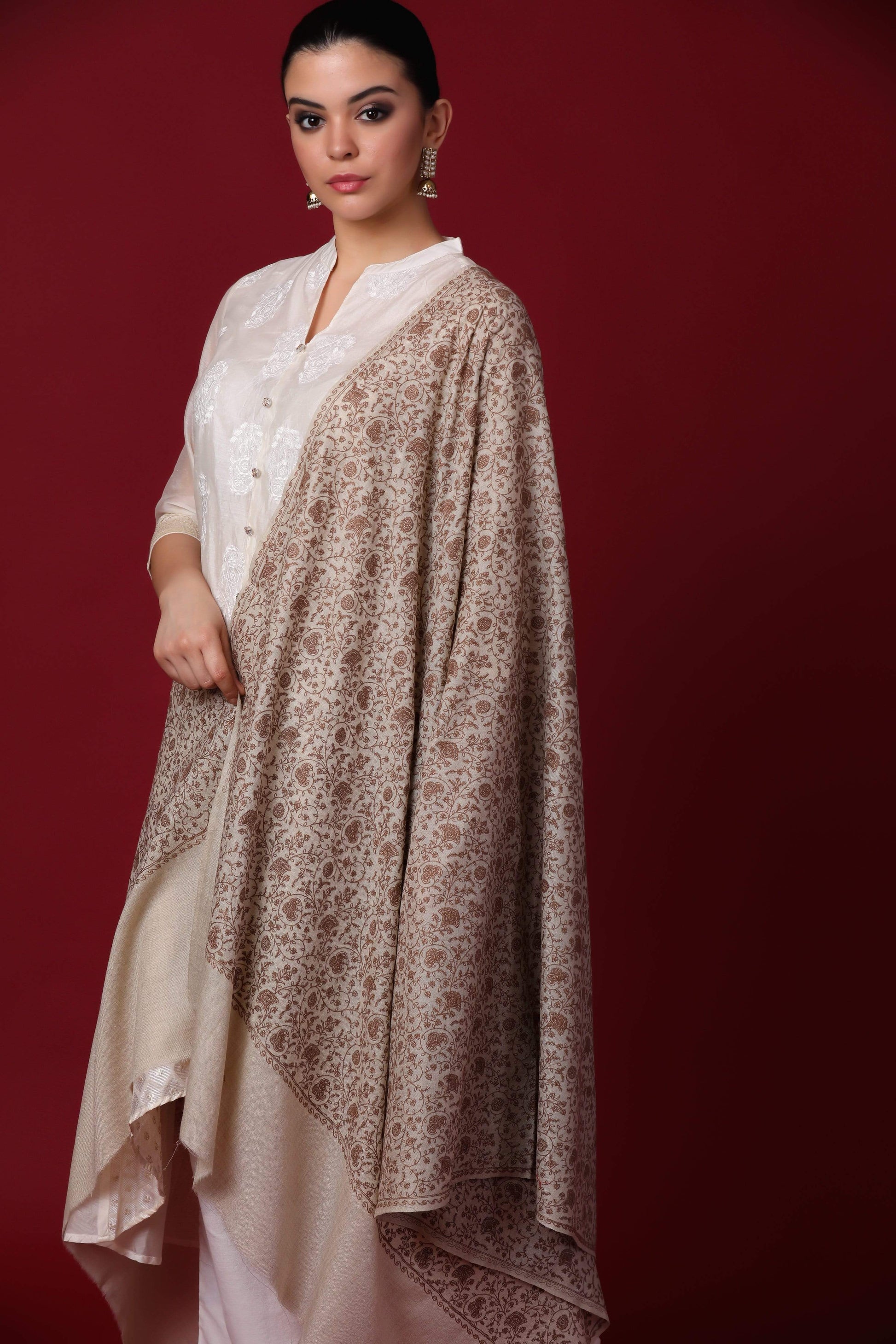 Pashtush Shawl Store Shawl Pashtush Womens Shawl with Tone on Tone Embroidery, Soft Wool, Light Weight