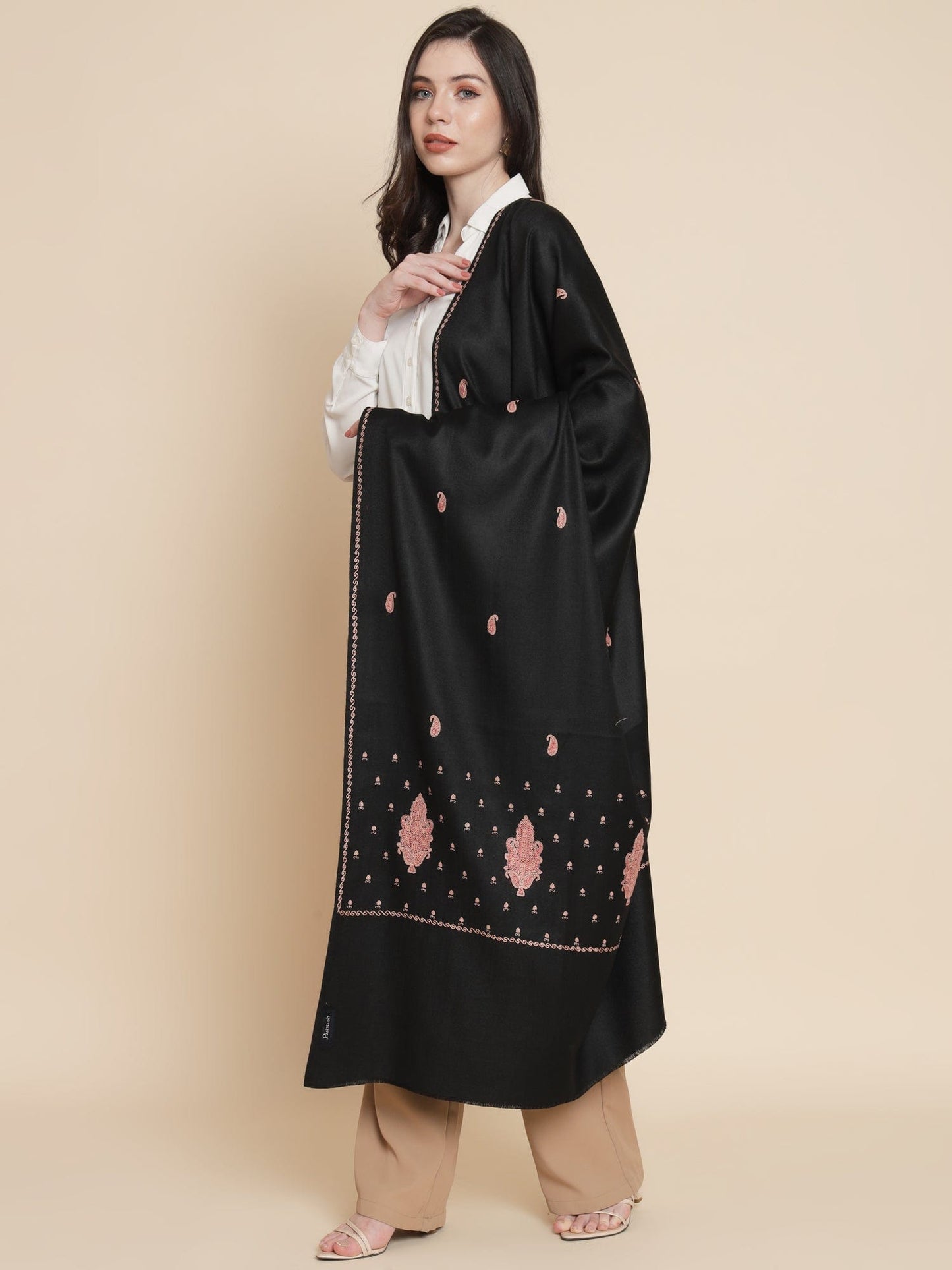 Pashtush India Womens Shawls Pashtush Womens Shawl, Woollen, Ethnic Motif Kashmiri Embroidery, Black