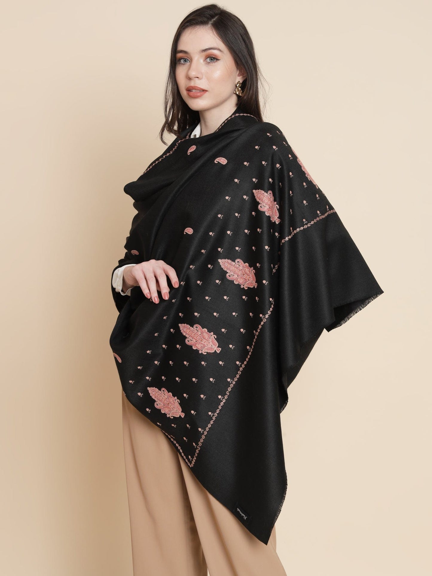 Pashtush India Womens Shawls Pashtush Womens Shawl, Woollen, Ethnic Motif Kashmiri Embroidery, Black