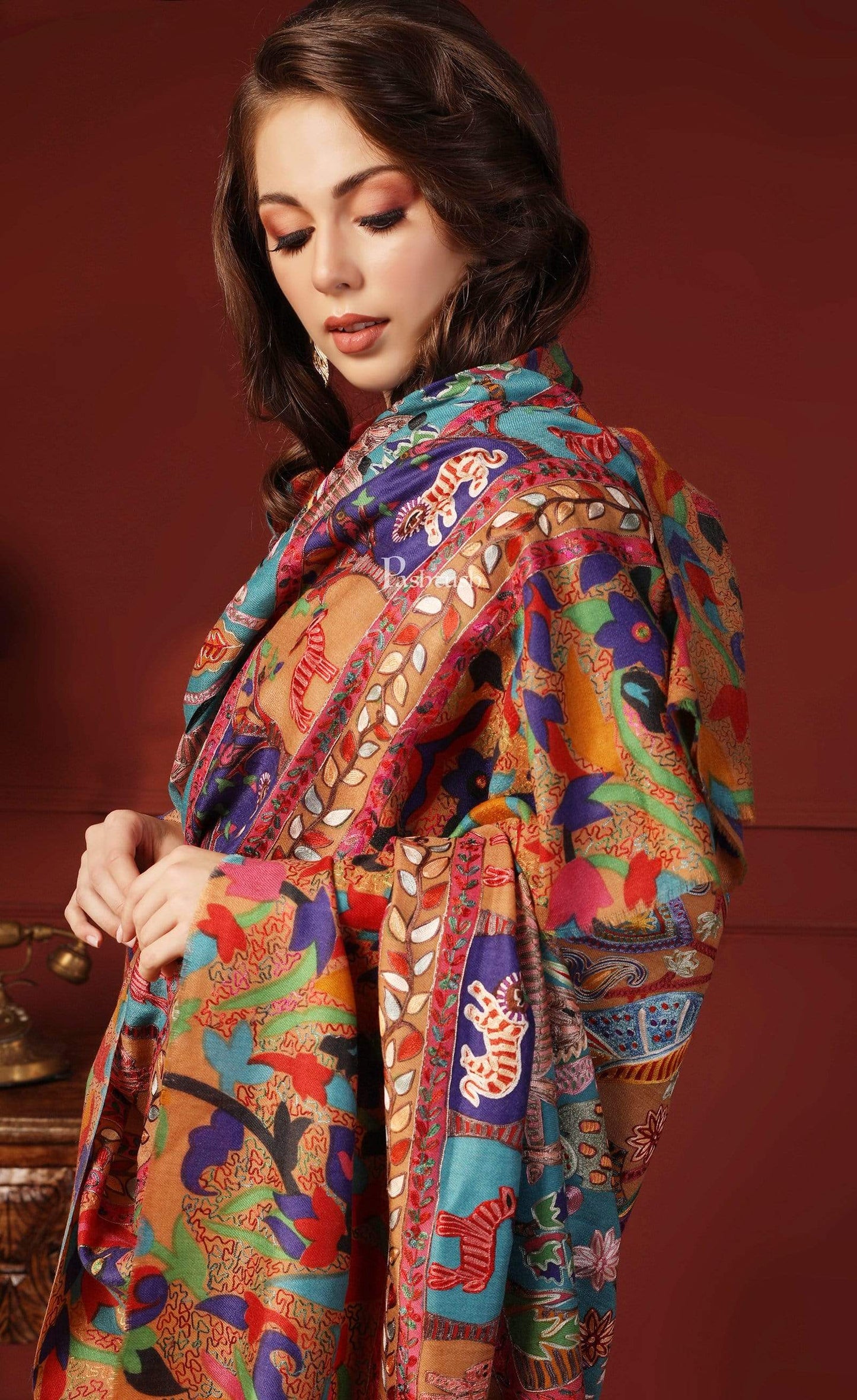 Pashtush India 100x200 PASHTUSH WOMENS SHIKAAR-DAR HAND EMBROIDERED, SHAWL IN FINE WOOL