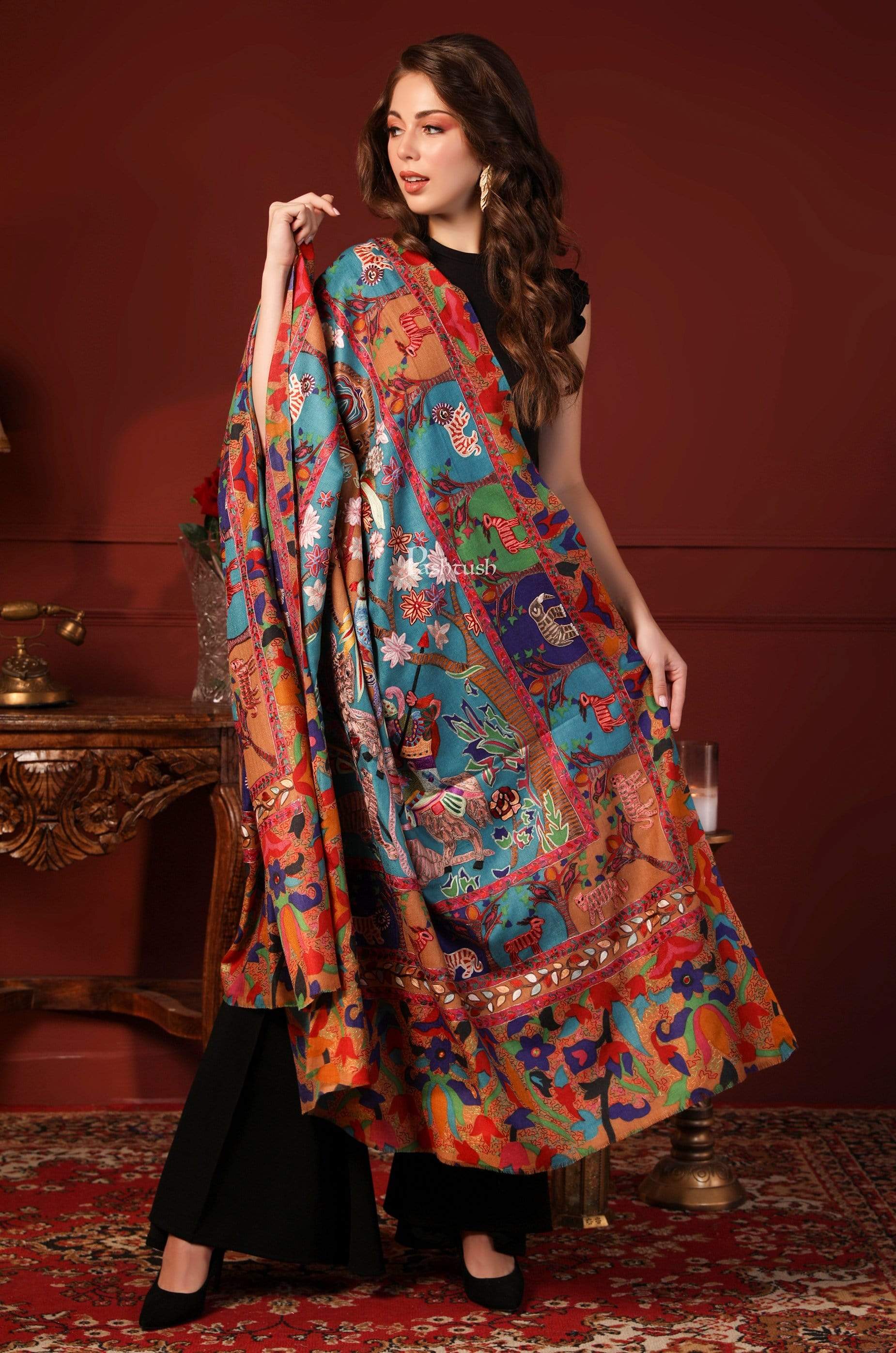 Pashtush India 100x200 PASHTUSH WOMENS SHIKAAR-DAR HAND EMBROIDERED, SHAWL IN FINE WOOL